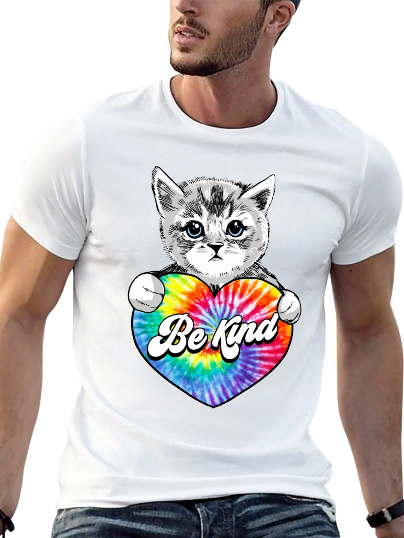 Black Cute Kitten 'Be Kind' Tie-Dye Heart T-Shirt view 13