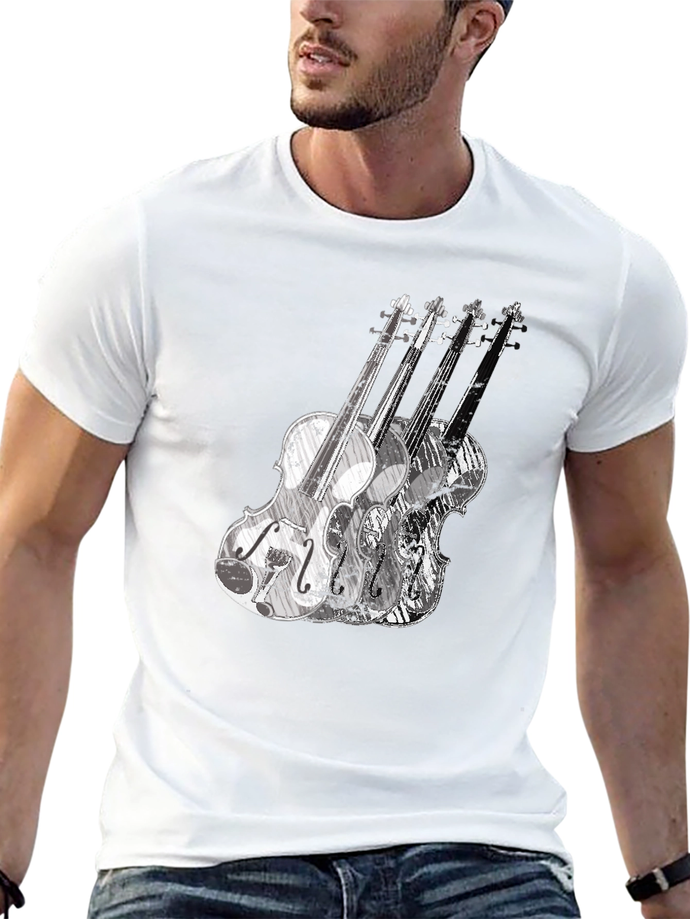 Black Musical Violin Graphic Tee - Black Crew Neck T-Shirt view 13