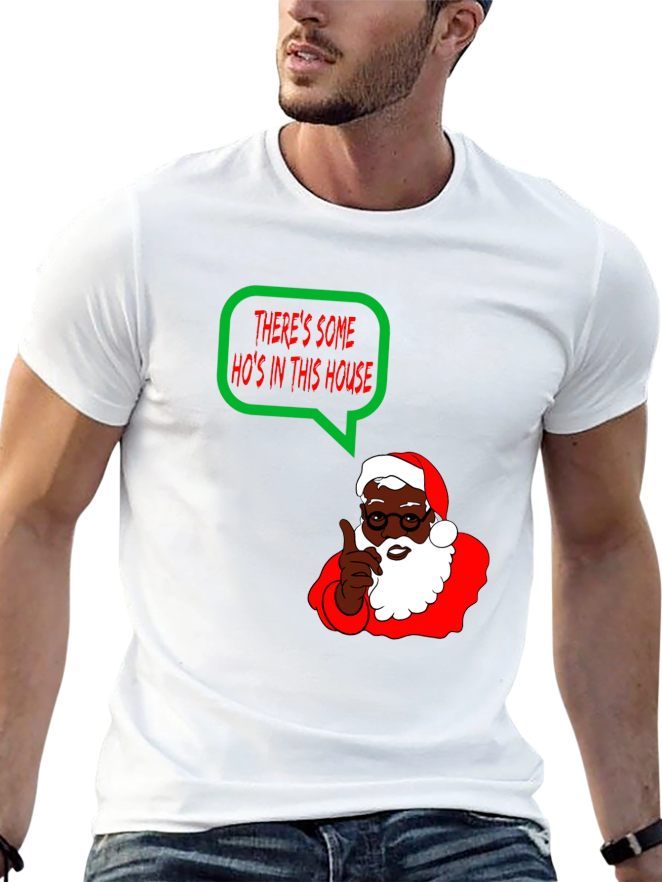 Black Funny Holiday T-Shirt - "There's Some Ho's In This House" Black Santa view 13