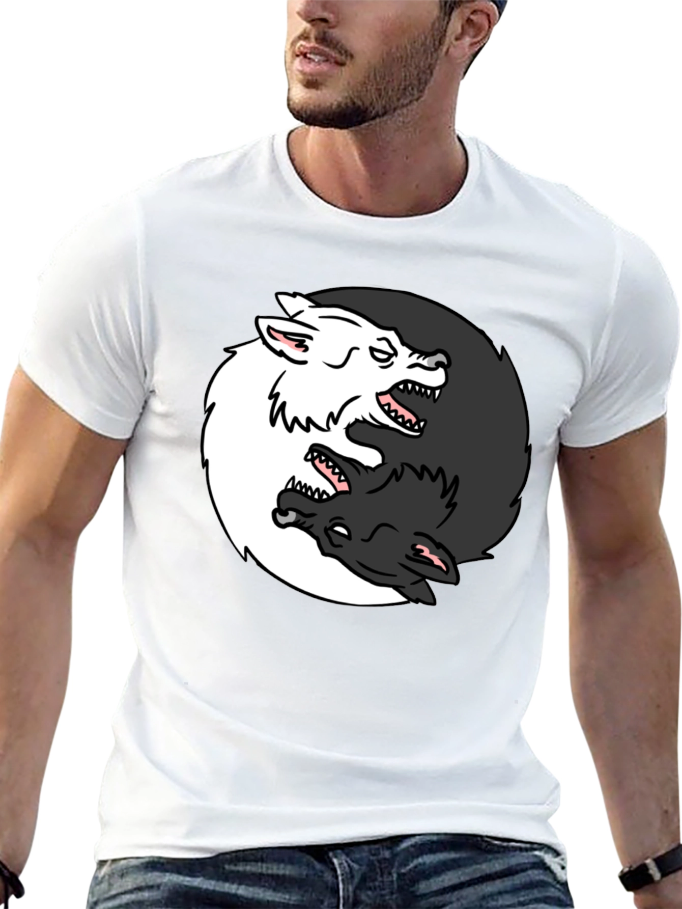 Black Yin Yang Wolves Graphic Black T-Shirt view 13