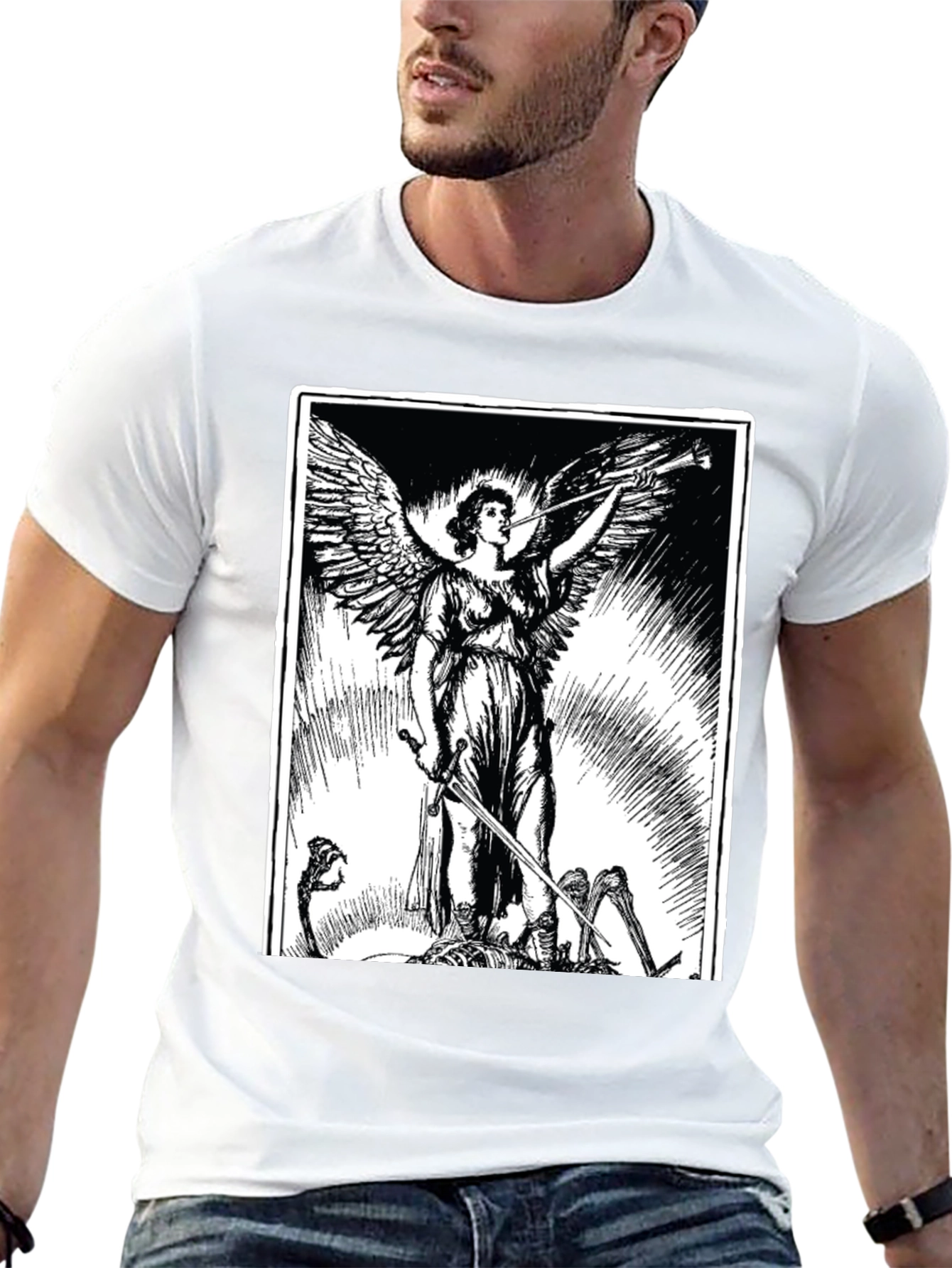 Black Angel with Sword Graphic Print Black T-Shirt view 13