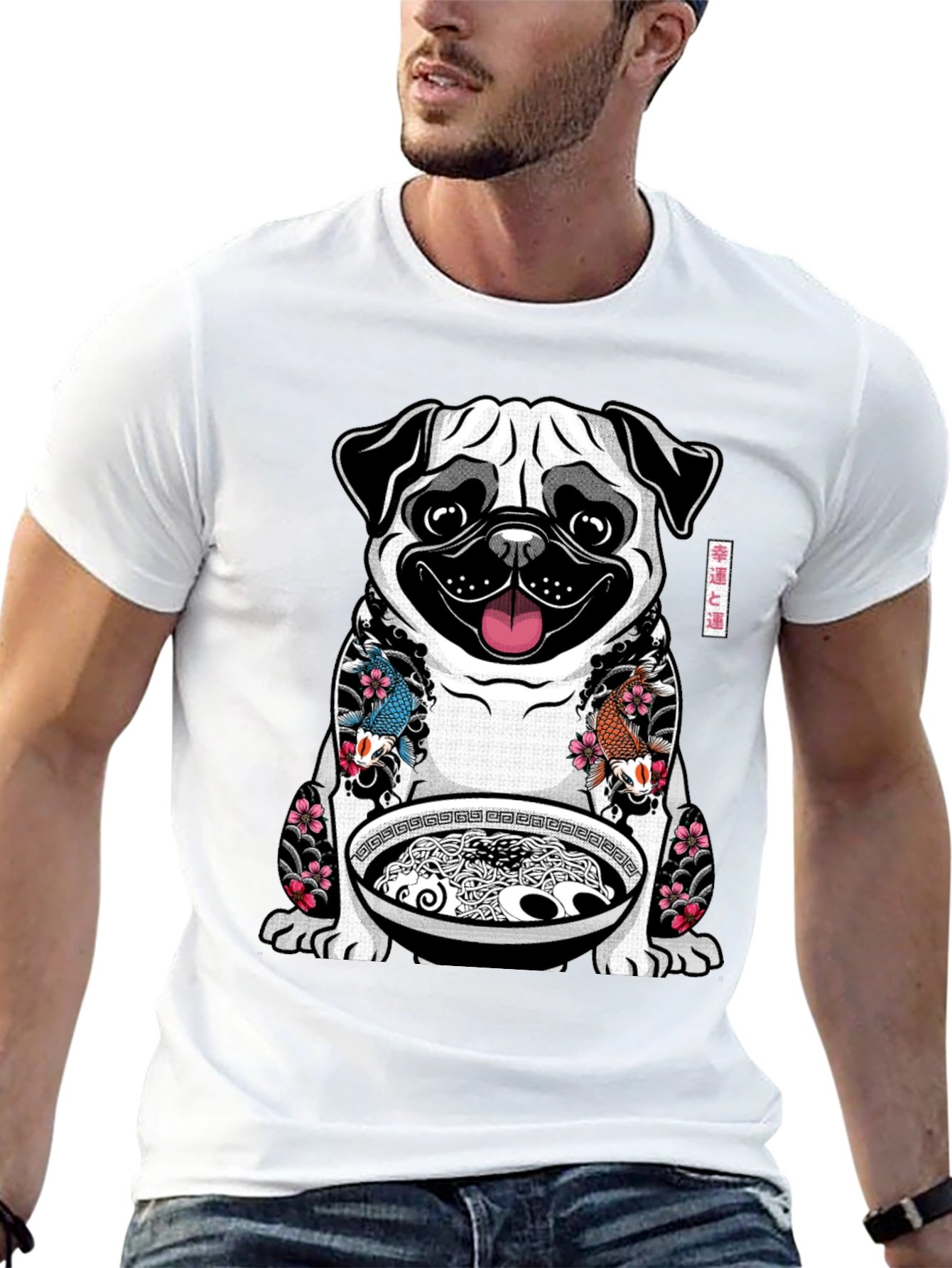 Black Ramen Pug Graphic T-Shirt - Unique Design view 13
