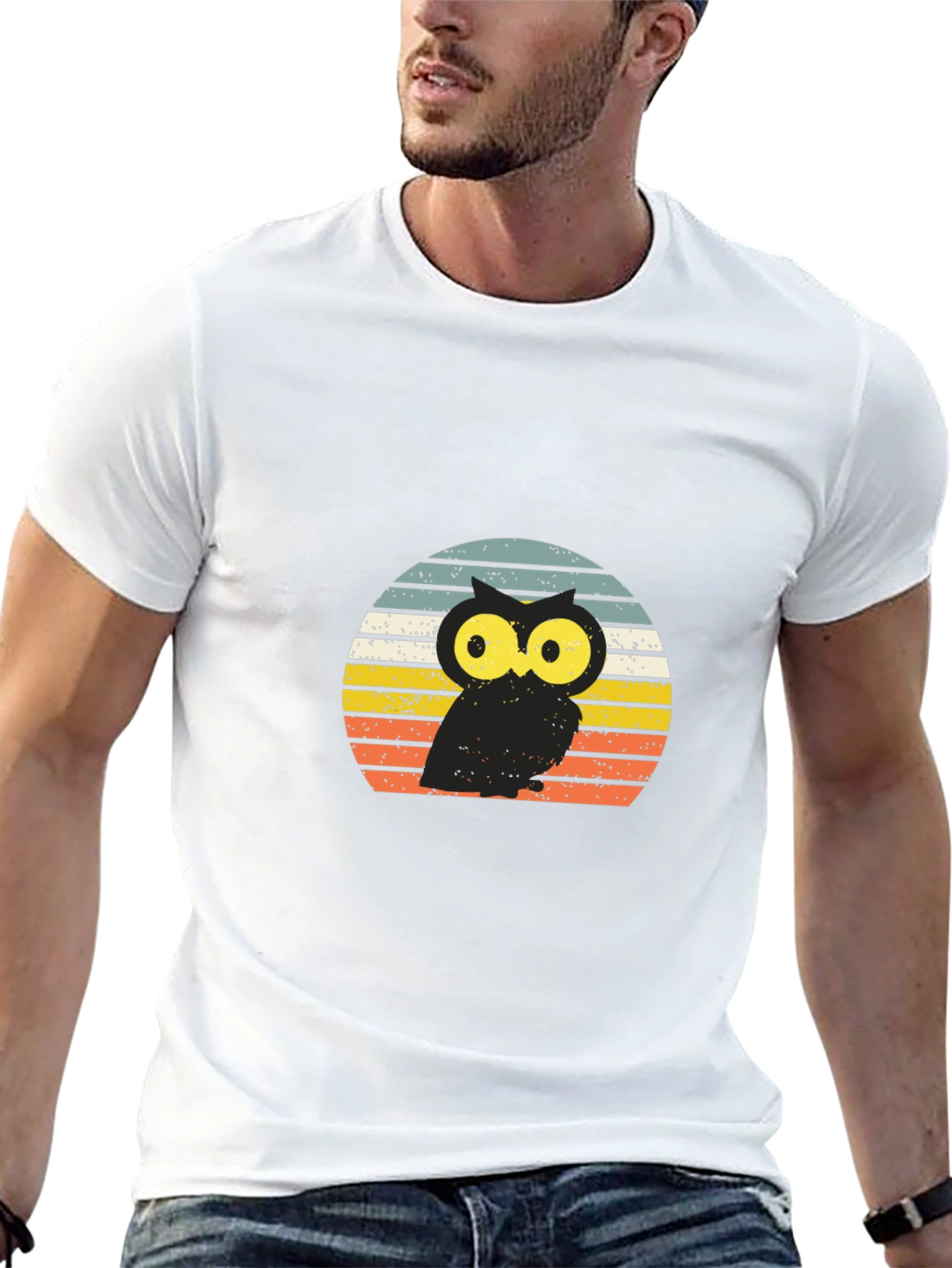 Black Retro Owl T-Shirt - Vintage Sunset Design view 13