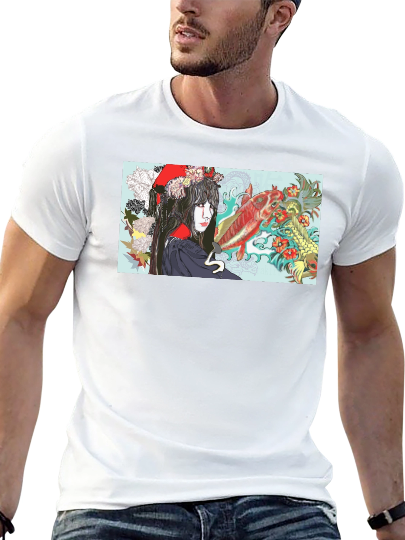 Black Koi Fish Geisha Graphic T-Shirt view 13
