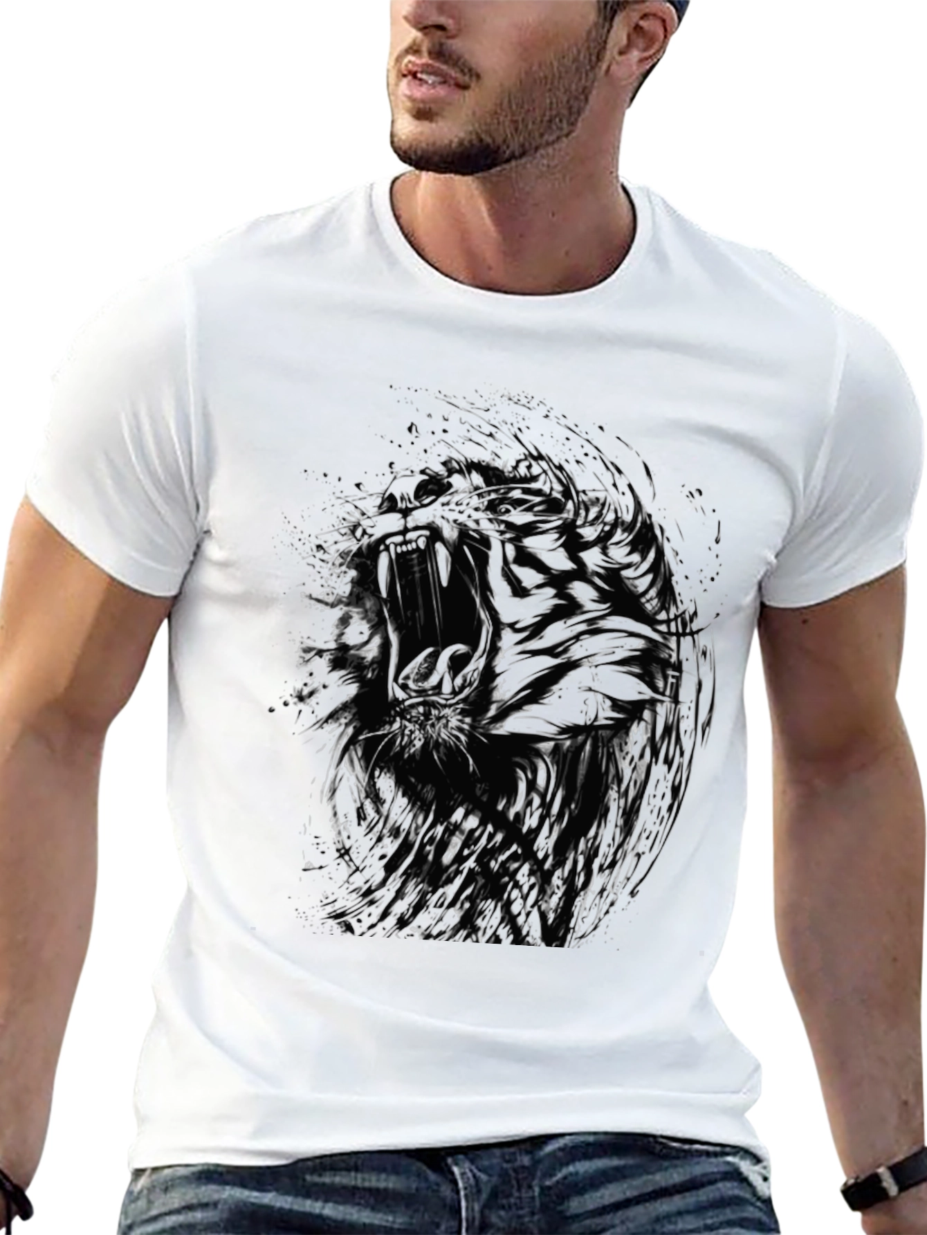 Black Abstract Roaring Tiger Graphic Black T-Shirt view 13