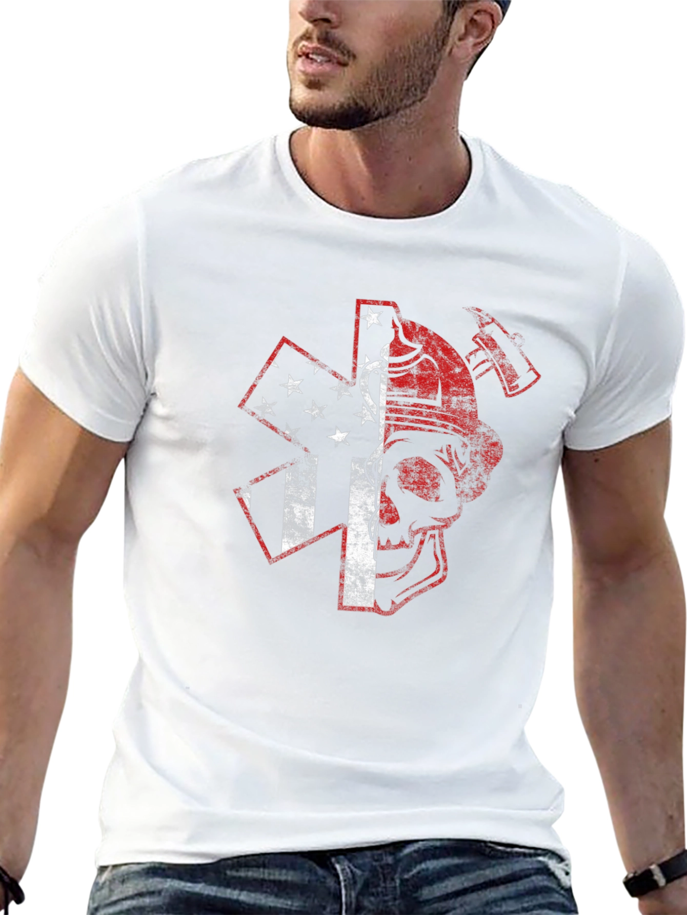 Black American Firefighter Skull Graphic T-Shirt view 13