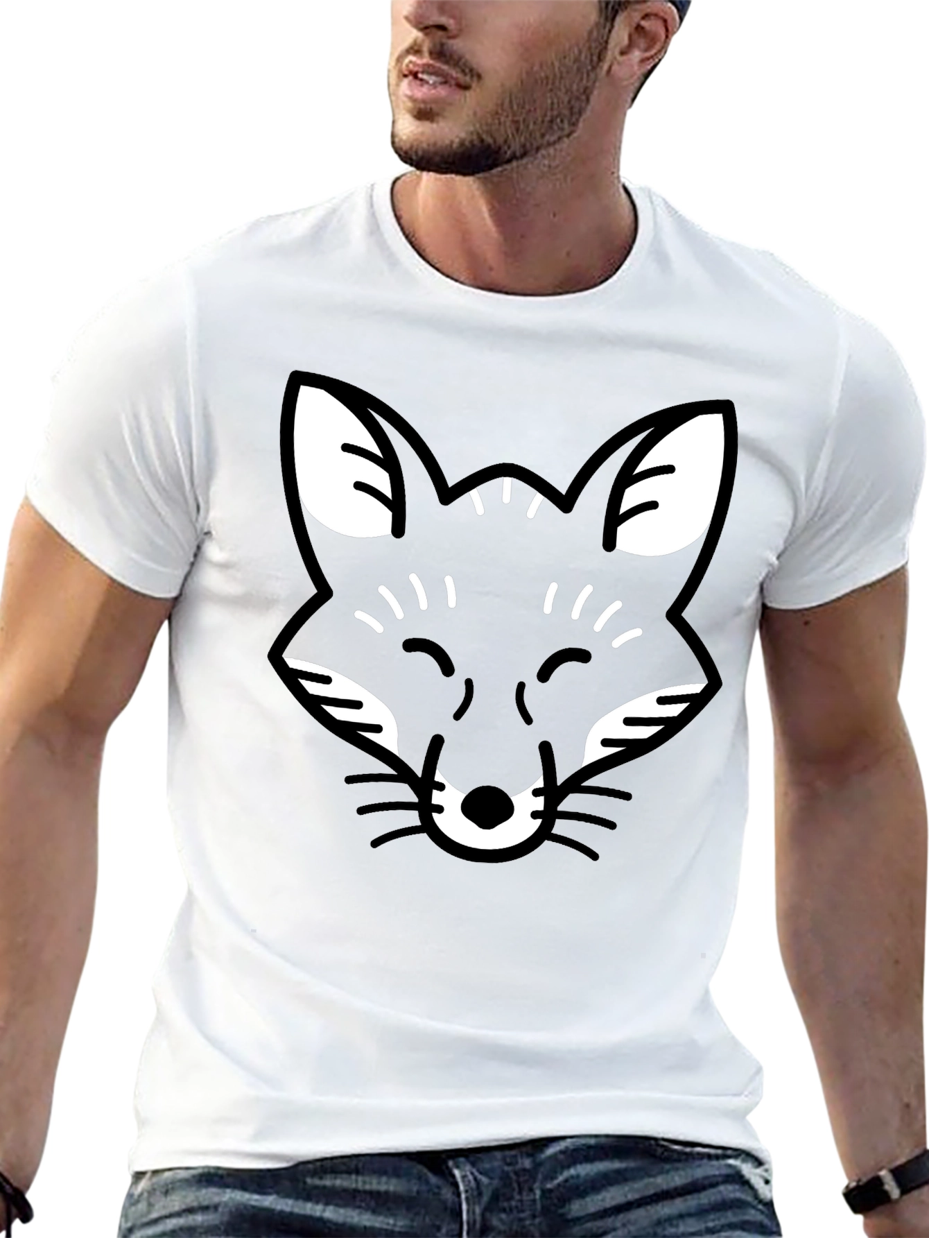 Black Black Fox Face Graphic Tee - Casual Crew Neck T-Shirt view 13