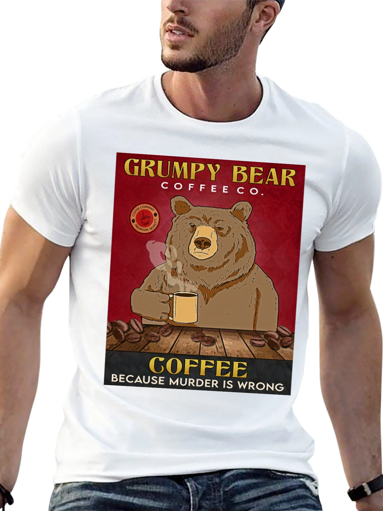 Black Grumpy Bear Coffee Co. T-Shirt - Coffee Because Murder is Wrong view 13