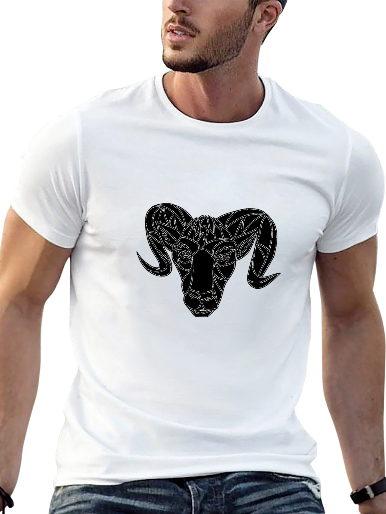 Black Geometric Ram Head Graphic Black T-Shirt view 13