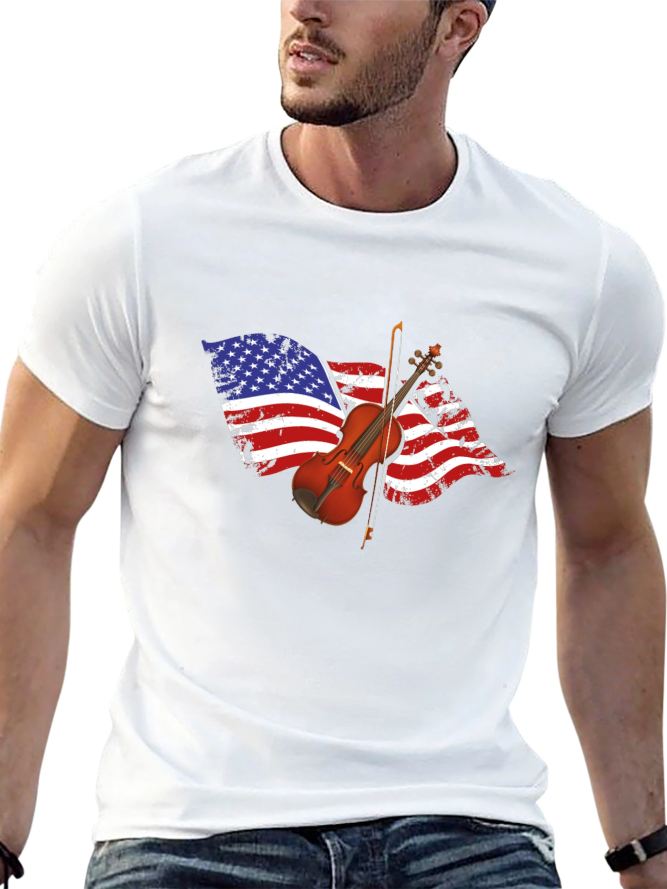 Black American Flag Violin Graphic T-Shirt view 13