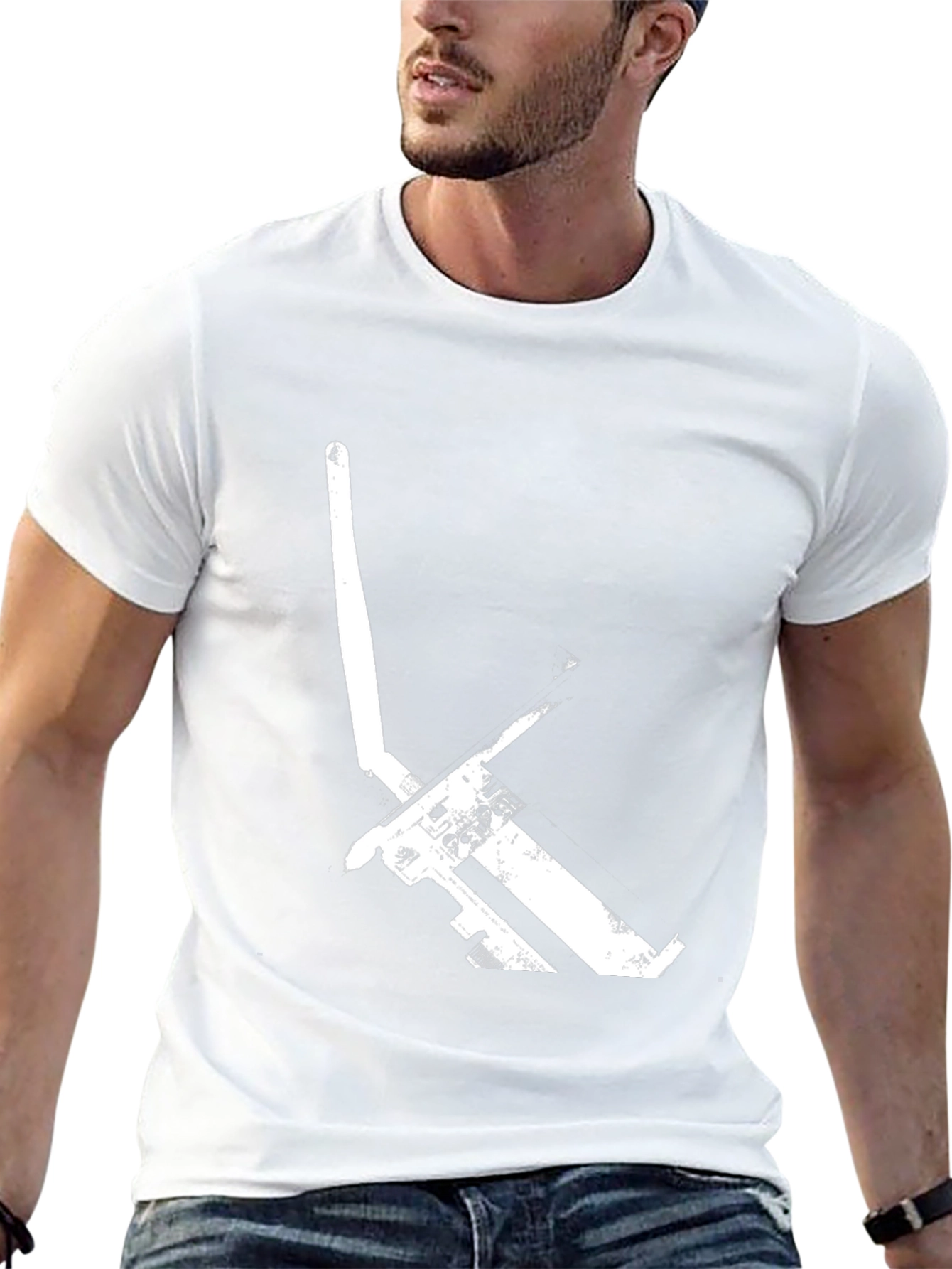 Black Graphic Tee: Minimalist White Pickaxe Print - Black Cotton T-Shirt view 13
