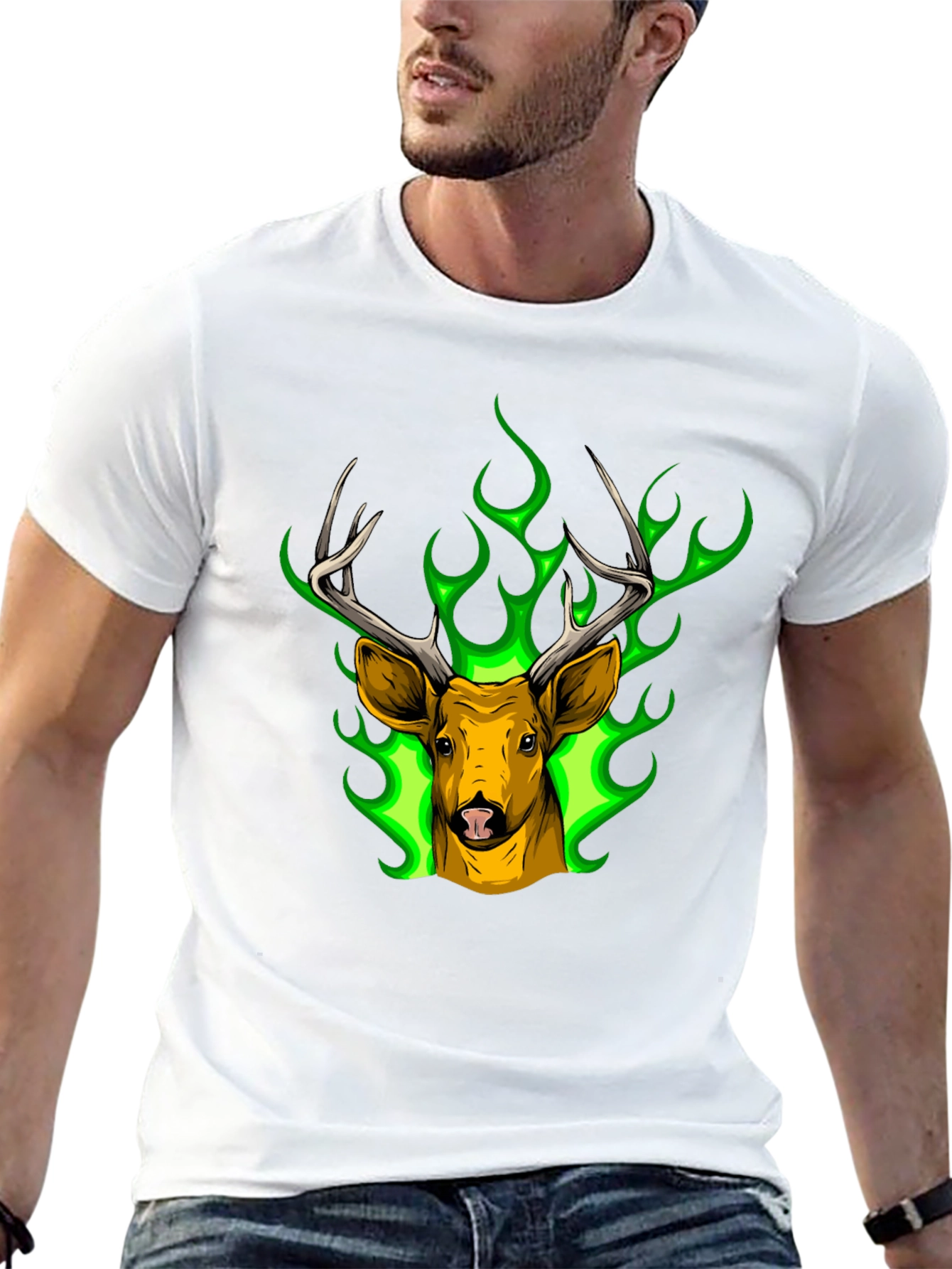 Black Deer Head Graphic Tee - Green Flame Stag Design view 13