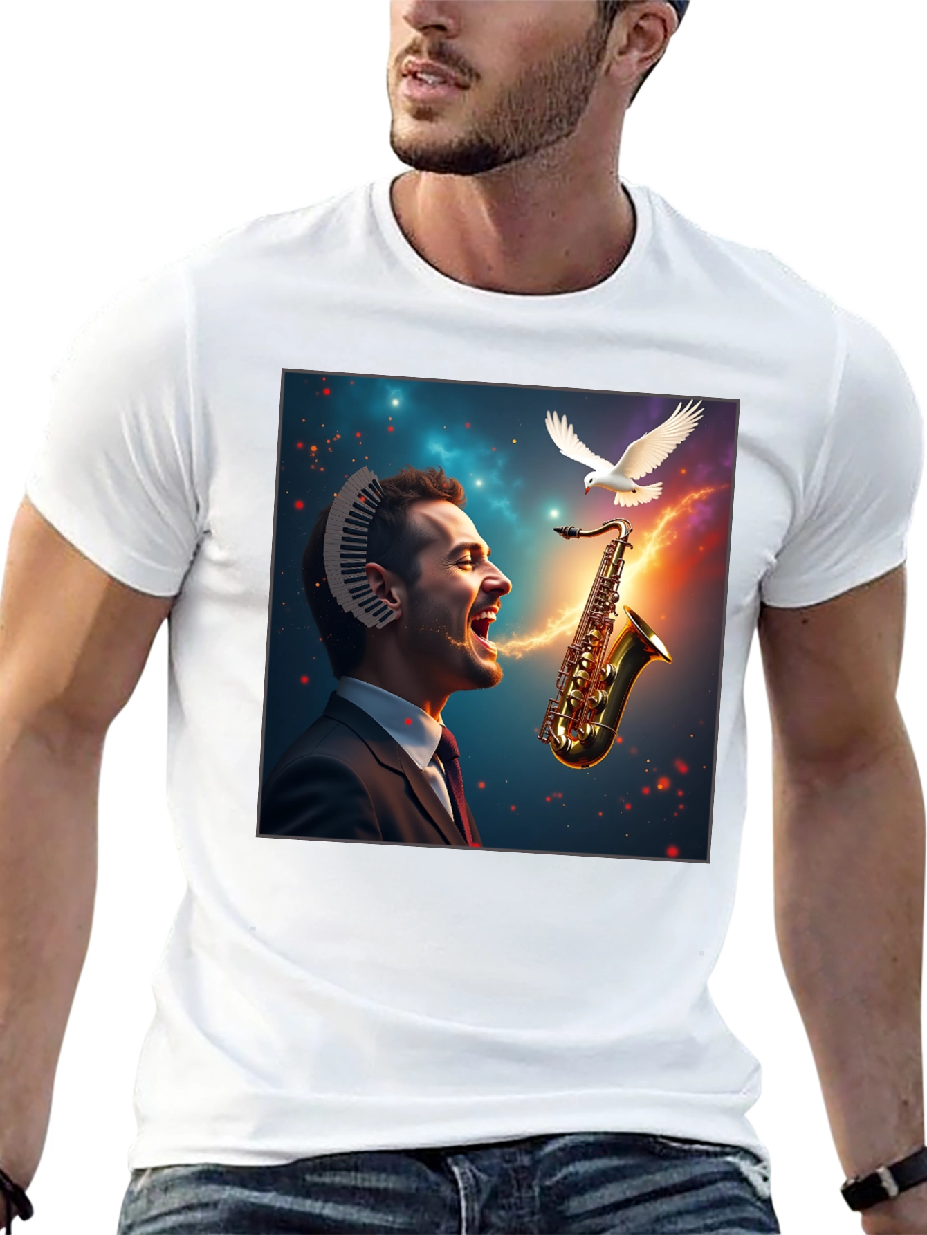Black Musical Mind T-Shirt - Artistic Saxophone Design view 13