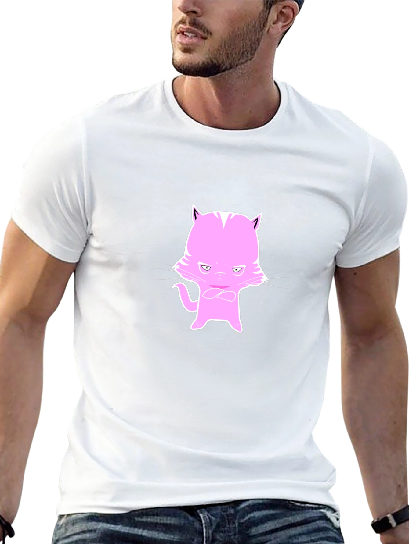 Black Men's Black T-Shirt with Pink Cat Design view 13