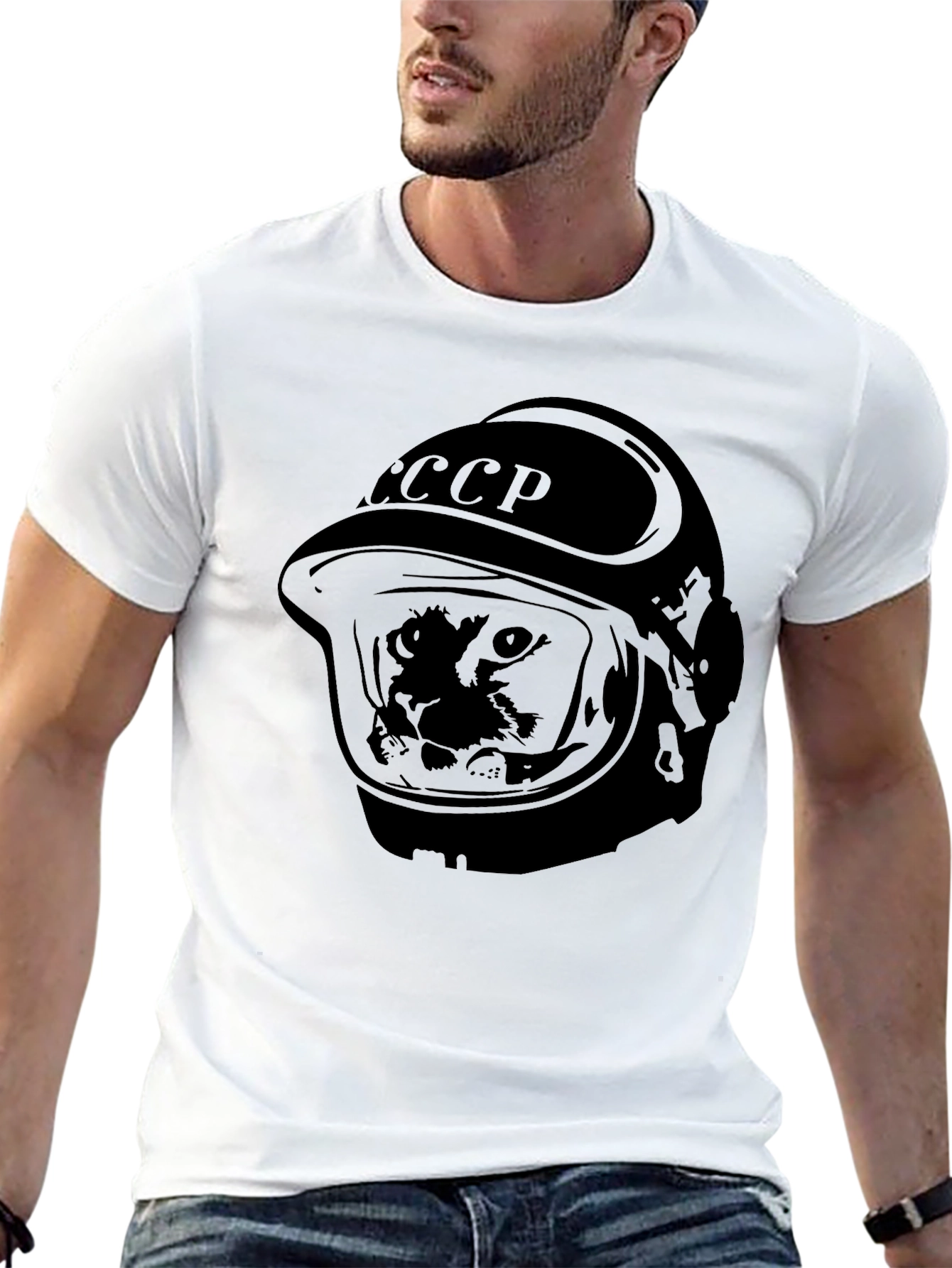 Black Soviet Space Dog T-Shirt - USSR Laika in Helmet view 13