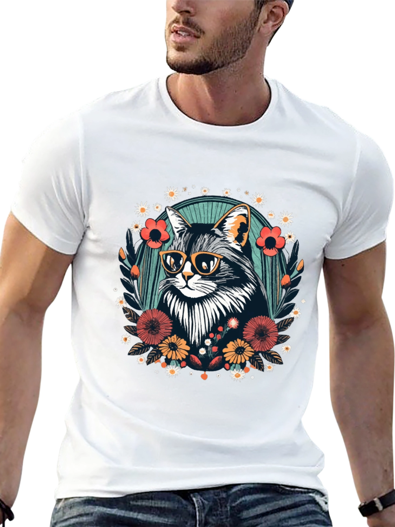 Black Cool Cat Floral Graphic T-Shirt - Unisex view 13