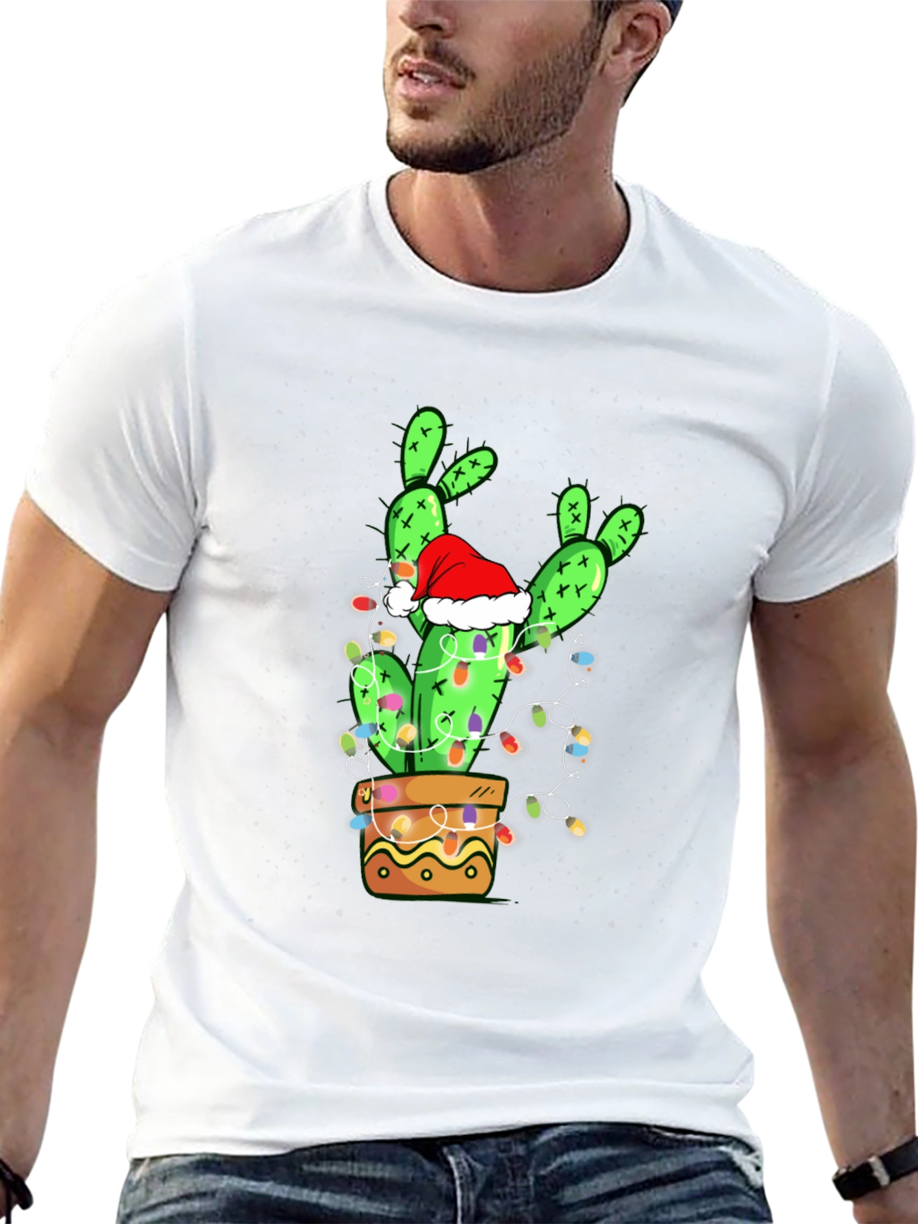Black Festive Cactus T-Shirt: Christmas Holiday Apparel view 13