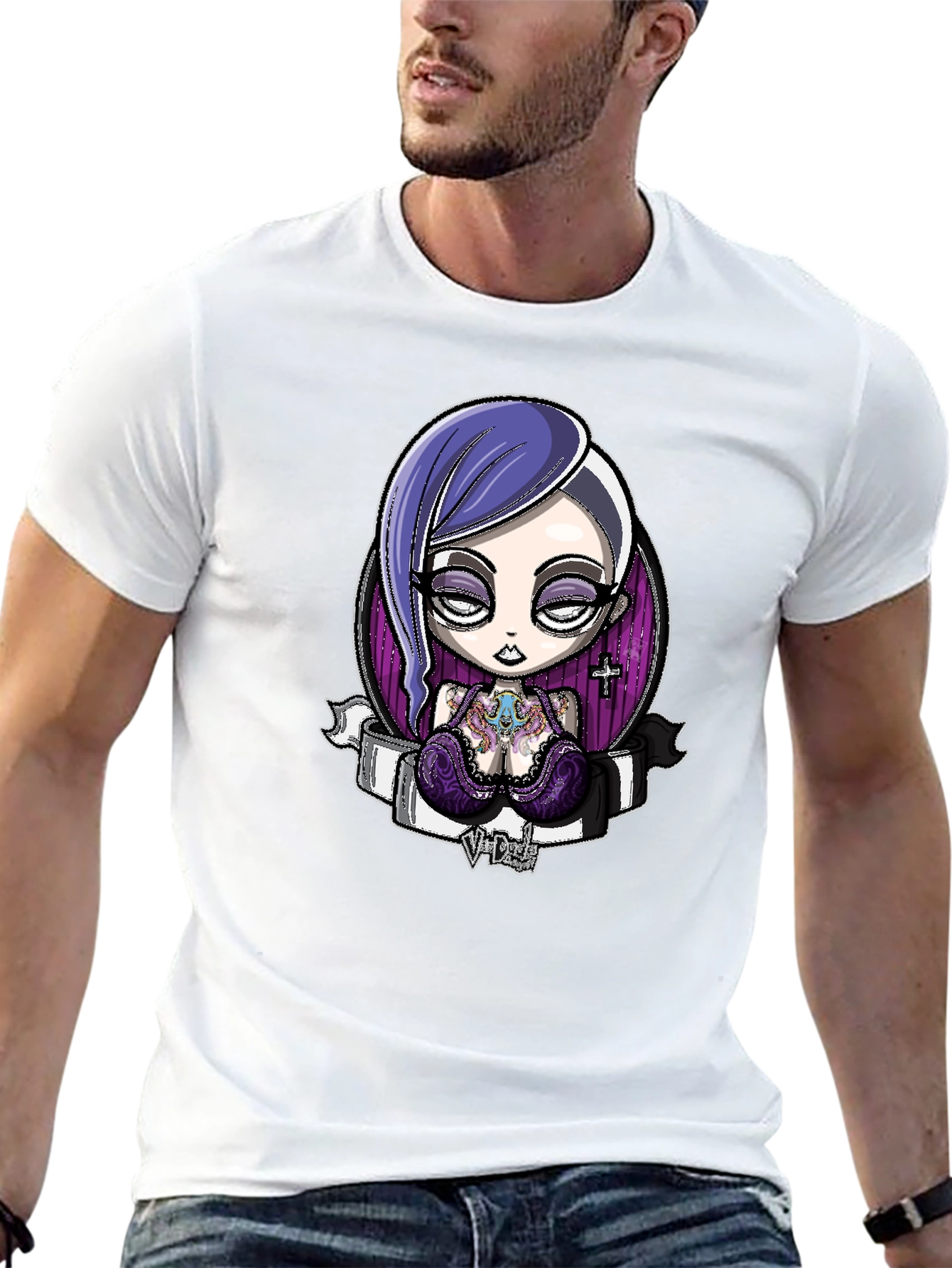 Black Gothic Cartoon Girl Graphic Black T-Shirt view 13