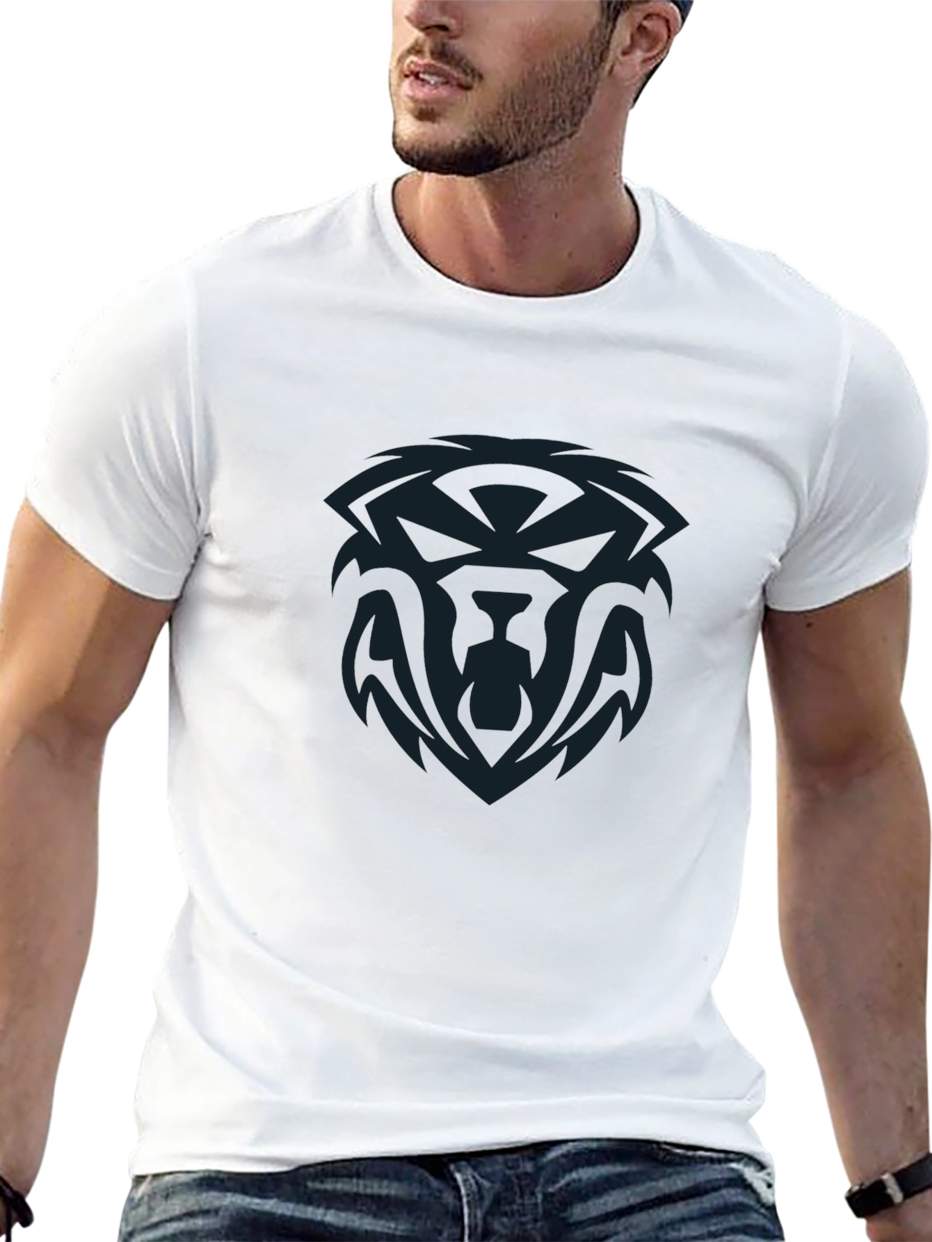 Black Men's Graphic Tee - Bold Tribal Lion Design, Casual Black T-Shirt view 13