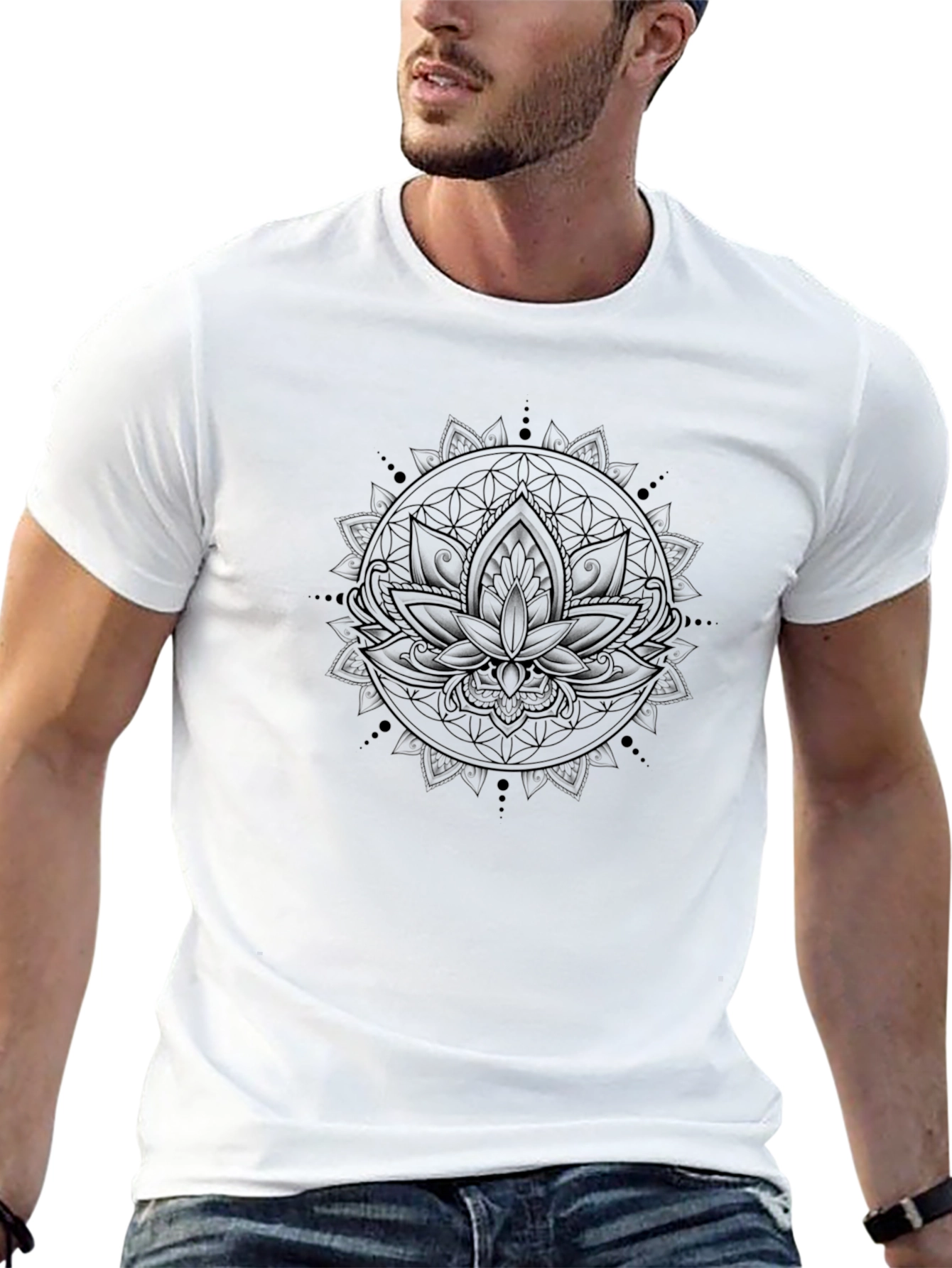 Black Lotus Mandala Graphic Tee - Soft Black Cotton T-Shirt view 13