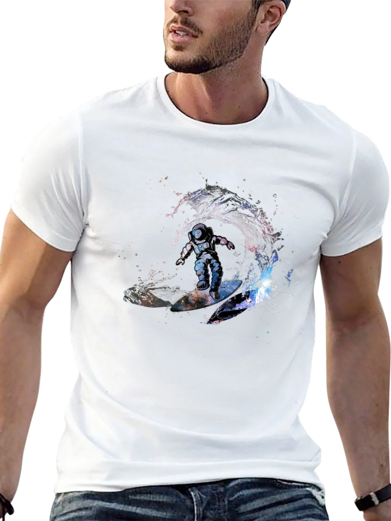 Black Astronaut Surfing Wave T-Shirt - Outer Space Design view 13