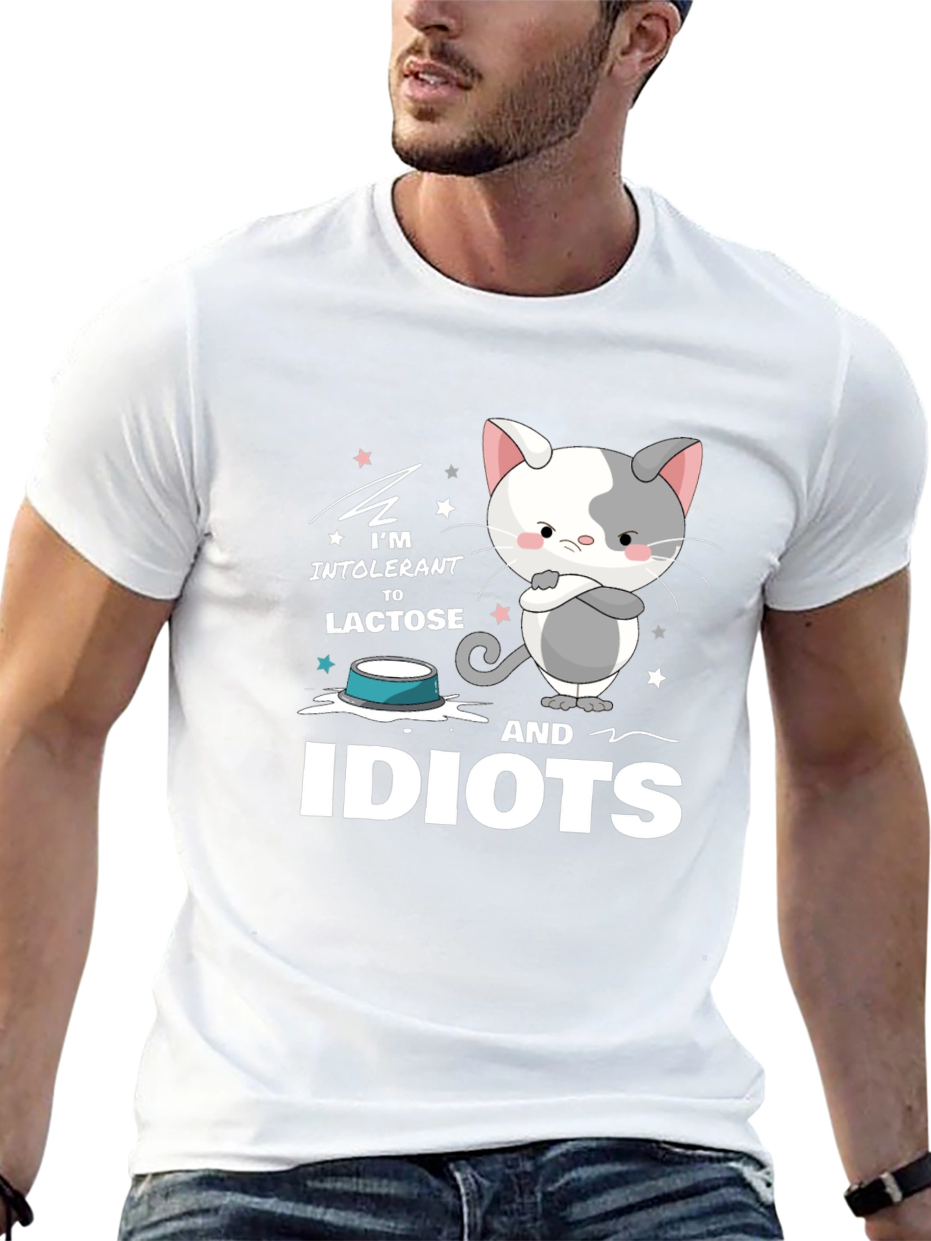 Black Intolerant to Lactose and Idiots Funny Cat T-Shirt view 13