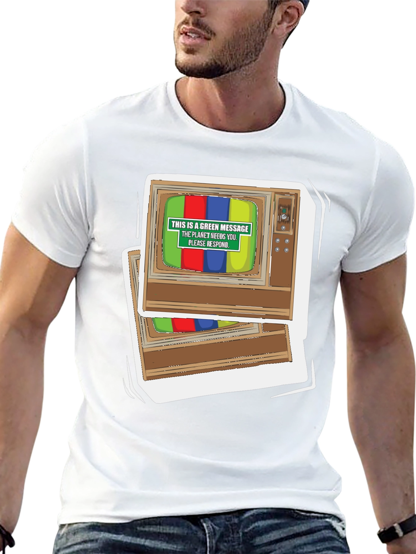 Black Retro TV Green Message Graphic Tee view 13