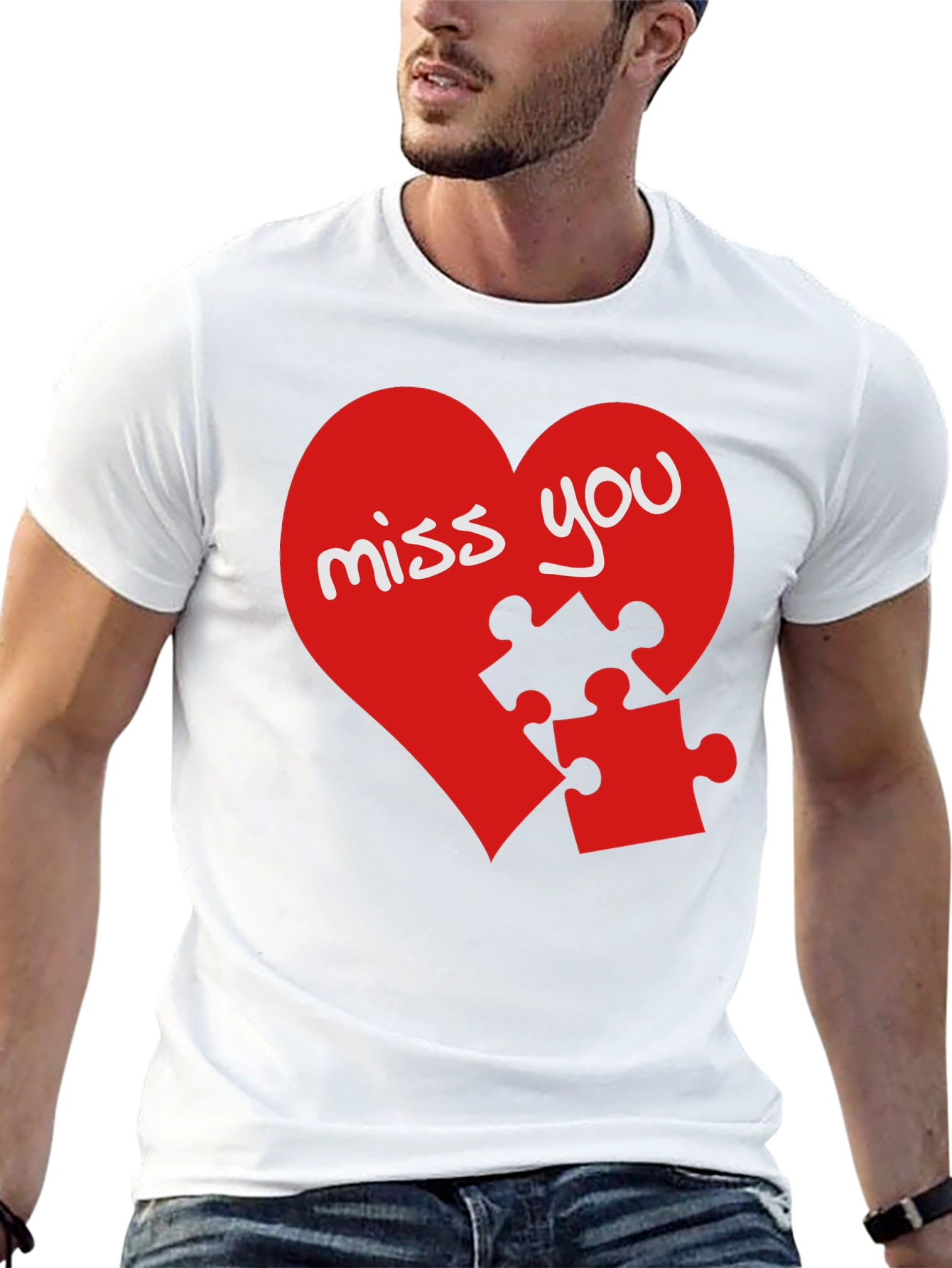 Black Miss You Heart Puzzle Piece Graphic Black T-Shirt view 13