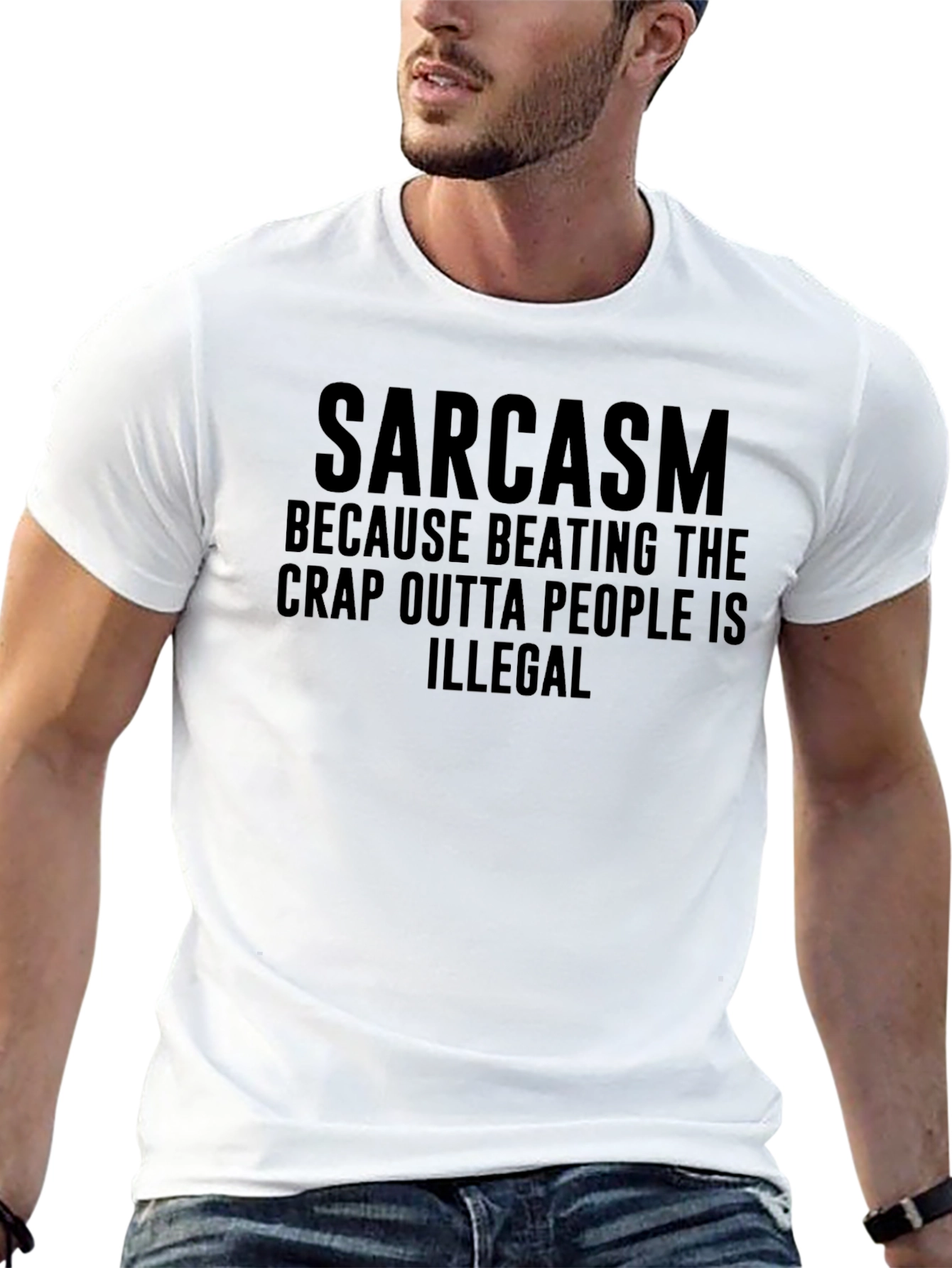 Black Sarcasm T-Shirt: Because Beating People is Illegal Tee view 13