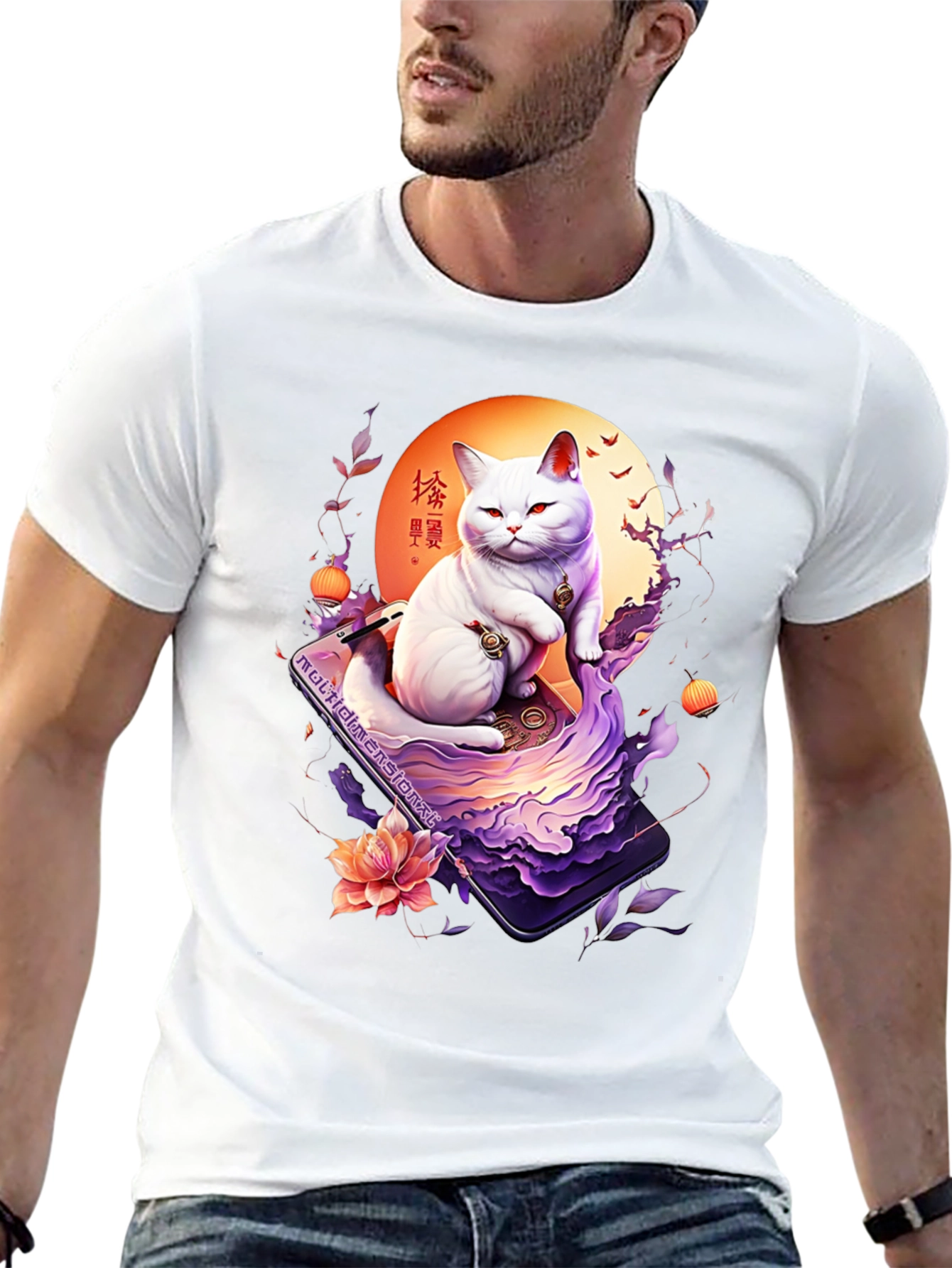 Black Mystical Cat T-Shirt - Japanese Art Style view 13