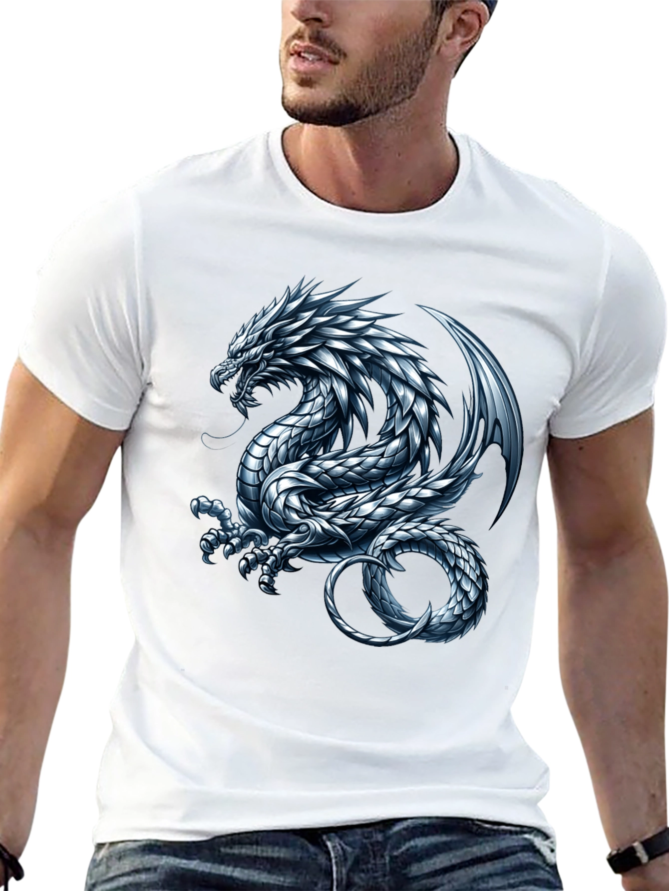 Black Black T-Shirt with Silver Dragon Graphic view 13