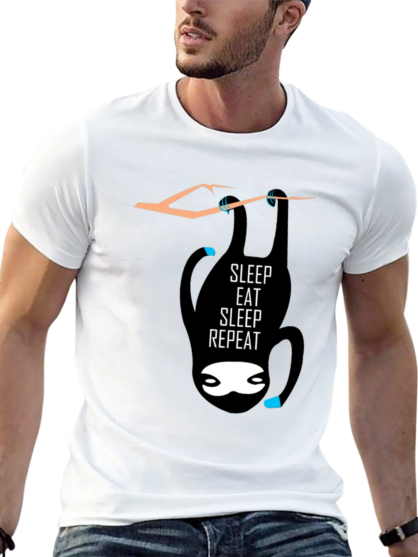 Black Sleep Eat Repeat Sloth Graphic Tee - Black Cotton Casual T-Shirt view 13