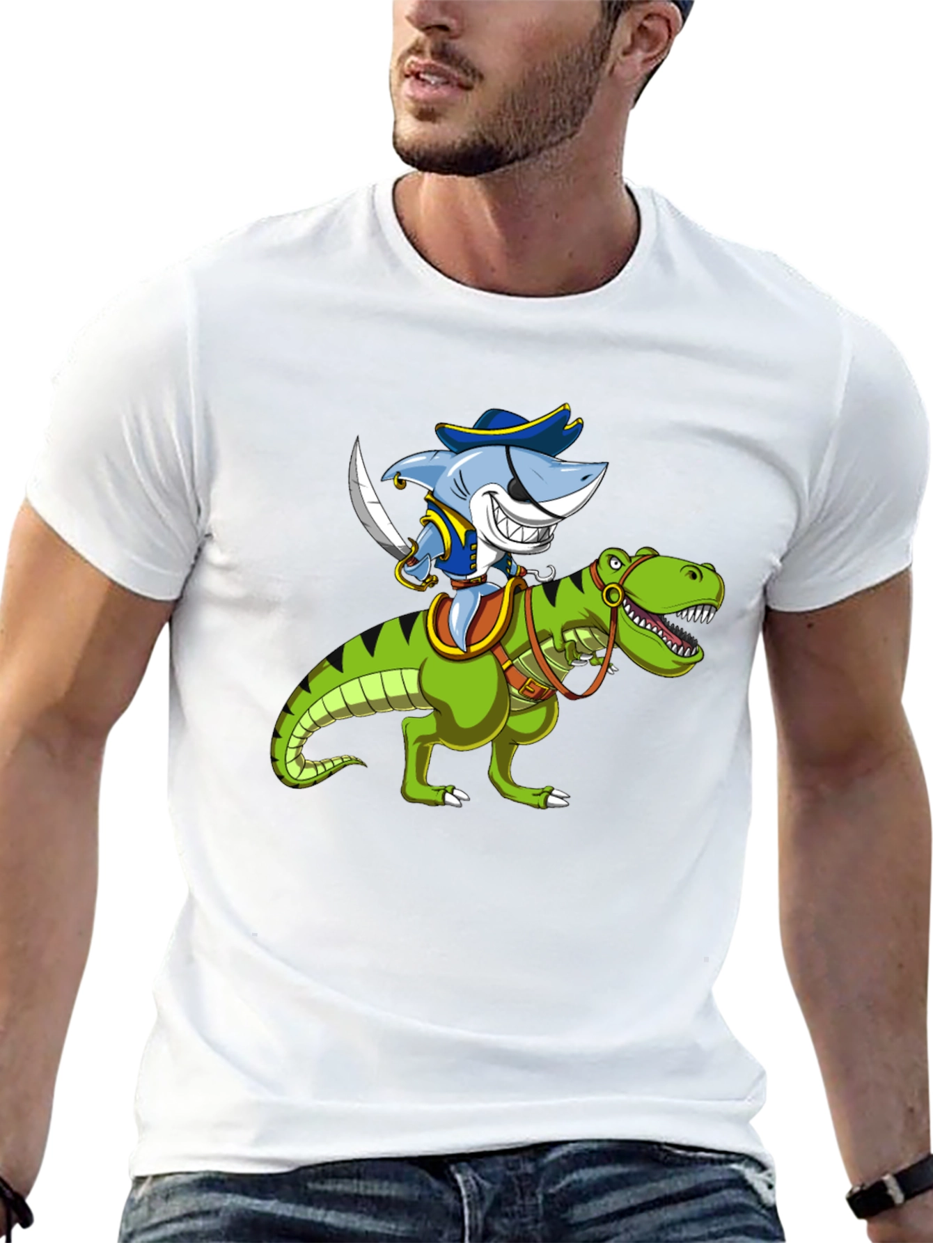 Black Shark Pirate Riding Dinosaur Graphic T-Shirt view 13