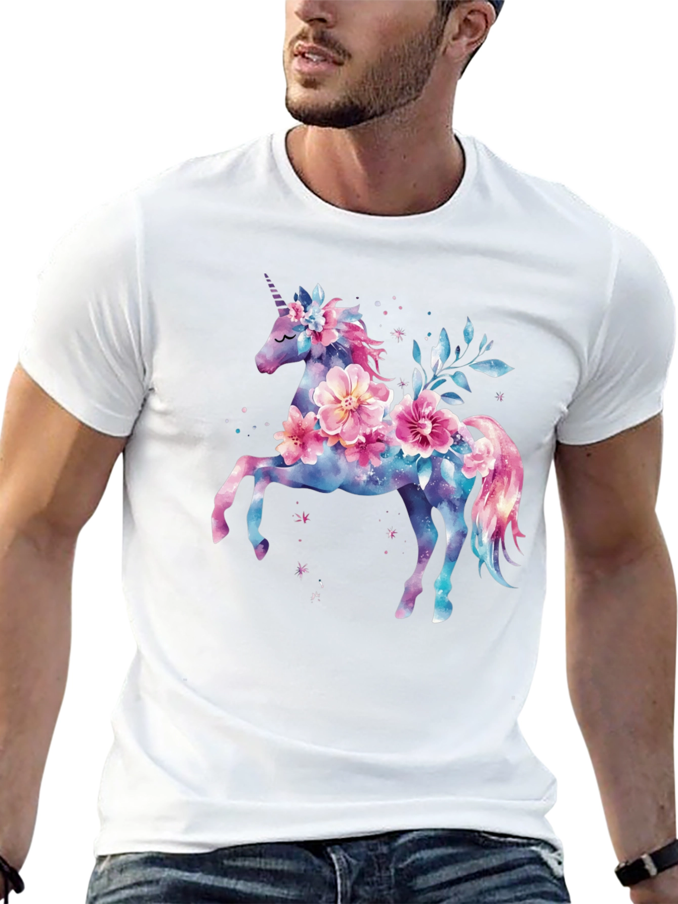 Floral Unicorn Graphic Tee - Black Cotton Blend Shirt - 13