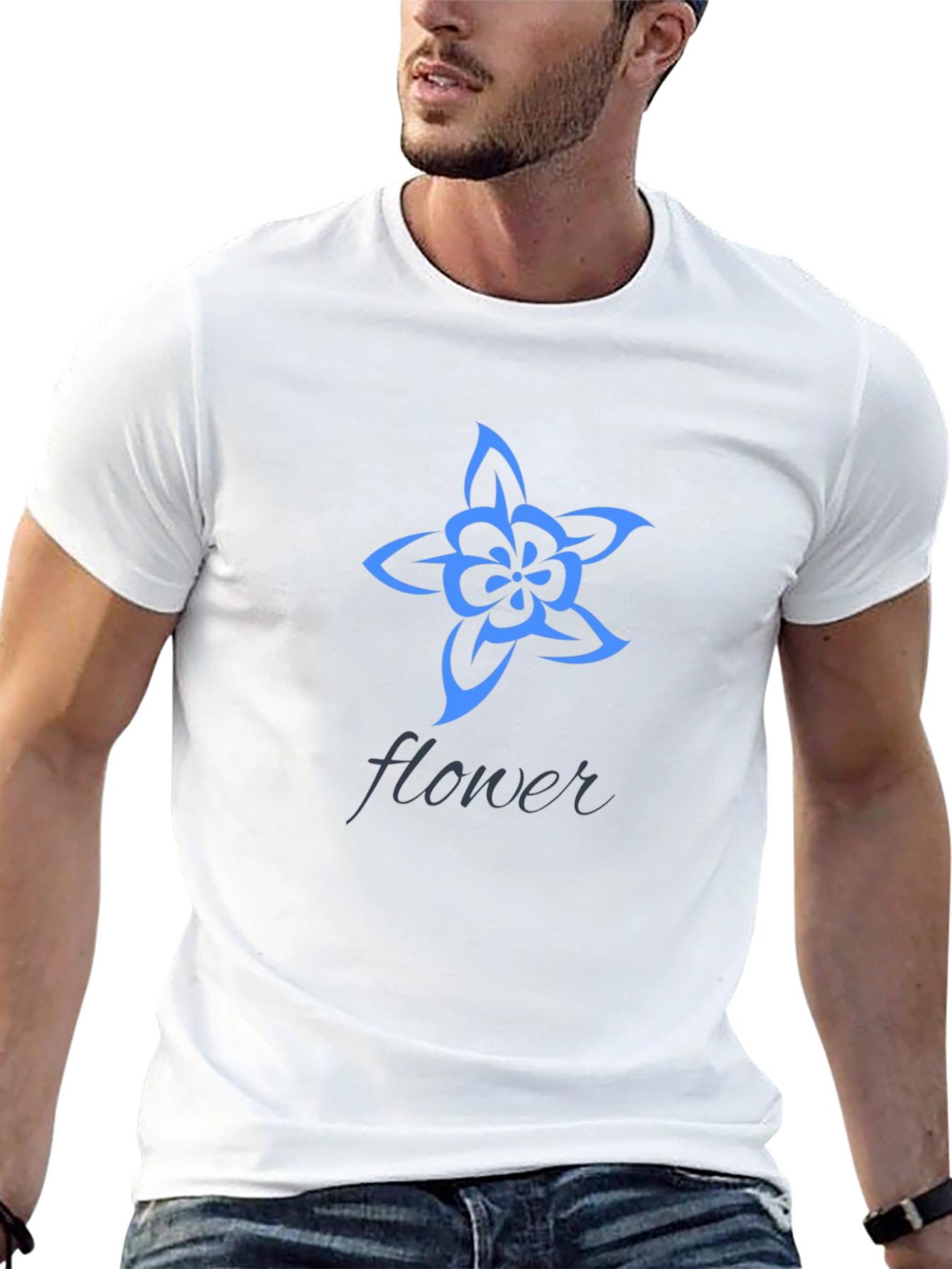 Black Stylish Black T-Shirt with Blue Flower Design view 13