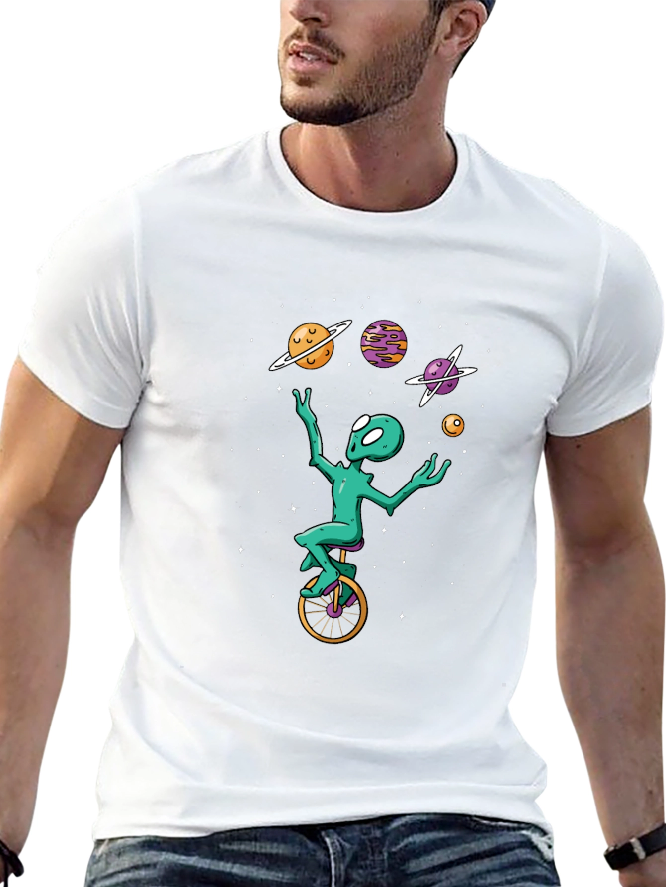 Black Alien Unicycle T-Shirt - Space Juggling Tee view 13