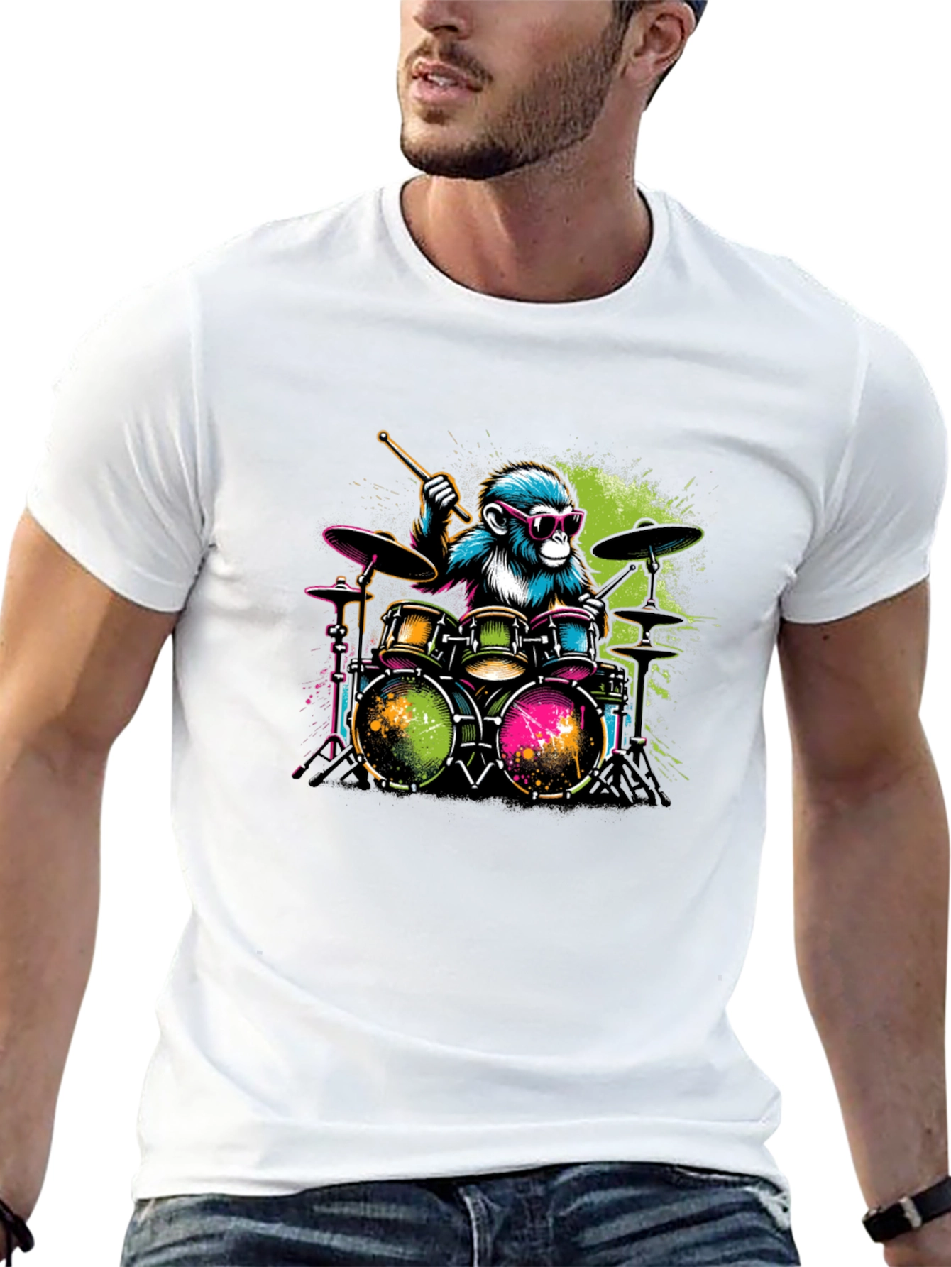 Black Monkey Drummer Graphic T-Shirt - Cool Animal Band Tee view 13