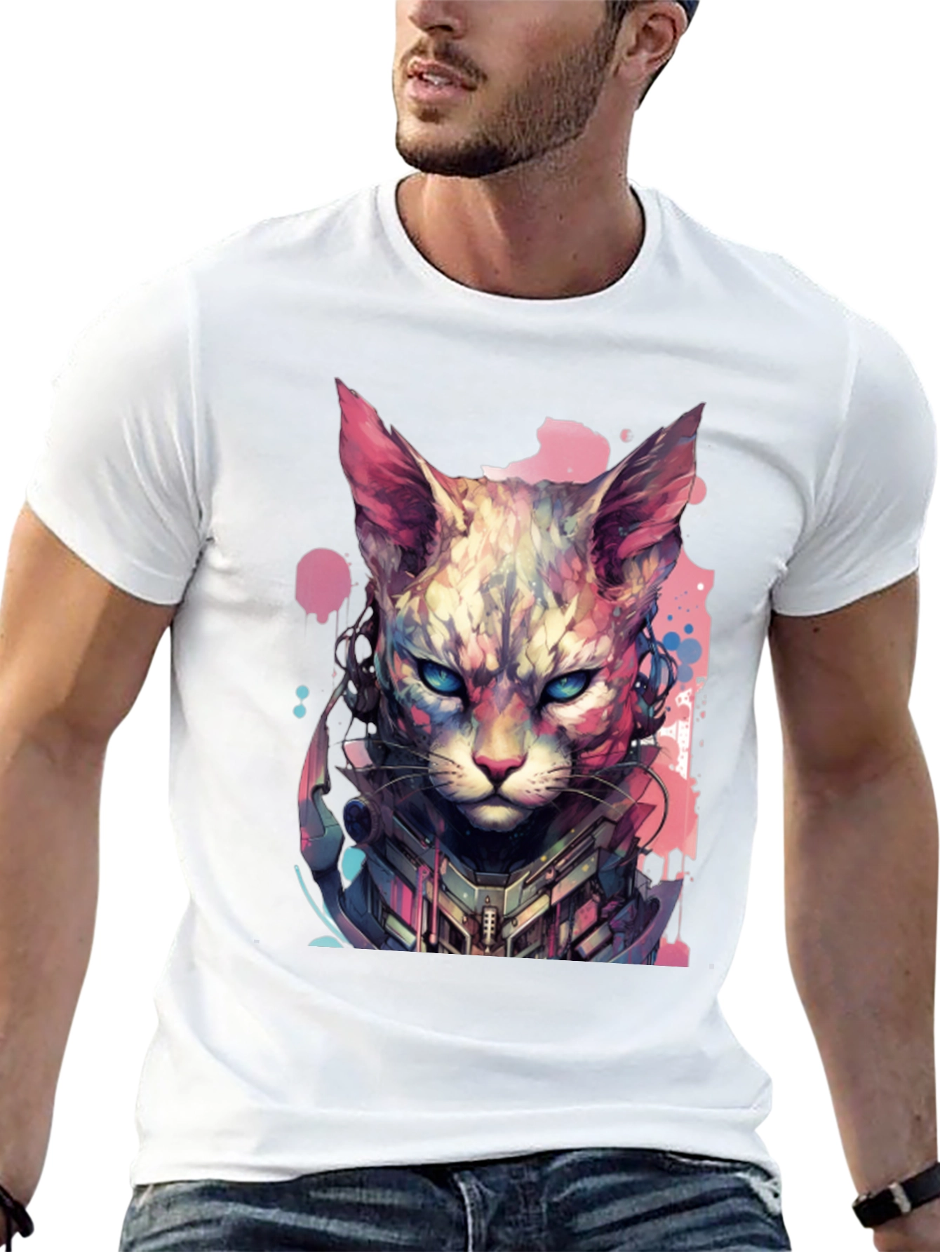 Black Cyberpunk Cat T-Shirt - Unique Graphic Tee view 13