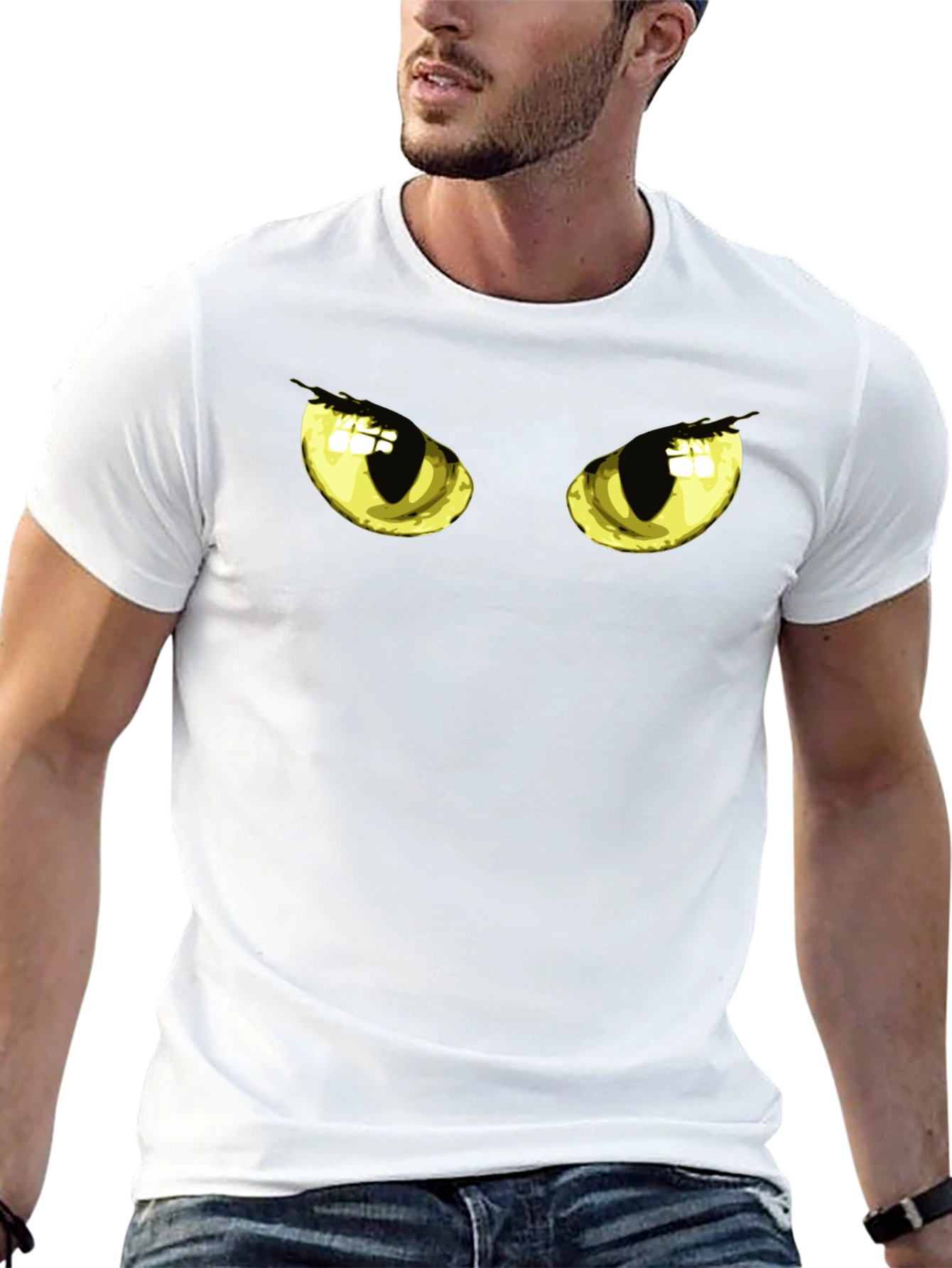 Black Men's Black T-Shirt with Cat Eyes Graphic view 13