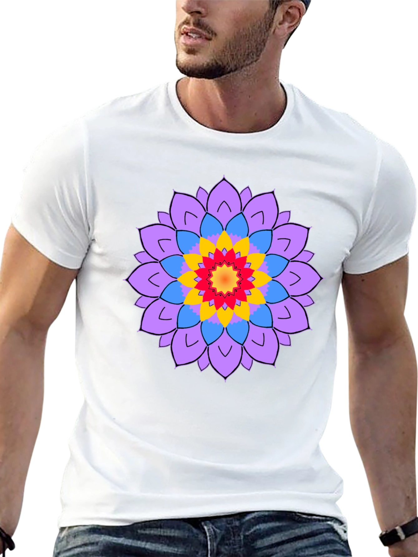 Black Men's Black T-Shirt with Mandala Flower Design view 13