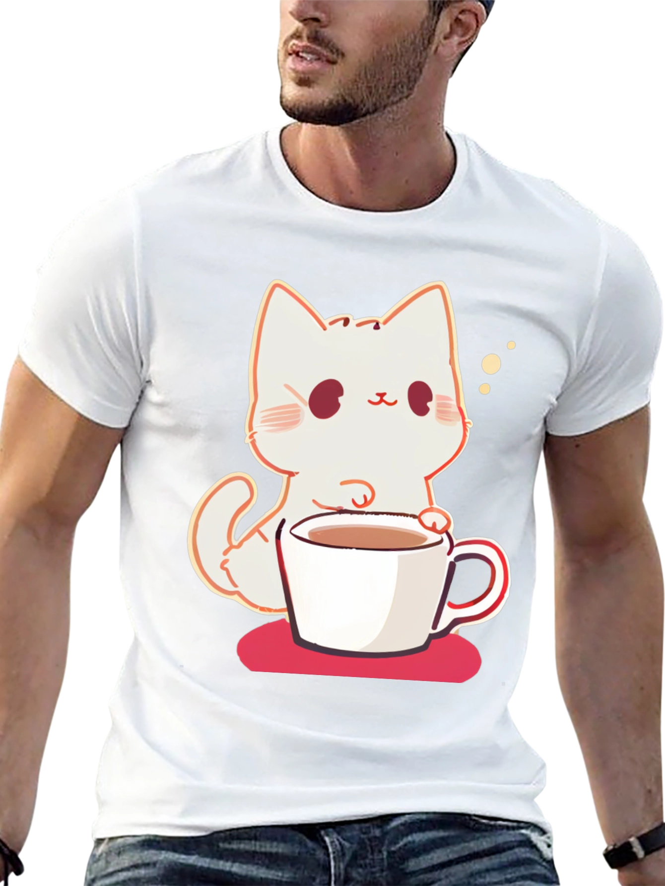 Black Cute Cat with Coffee T-Shirt view 13