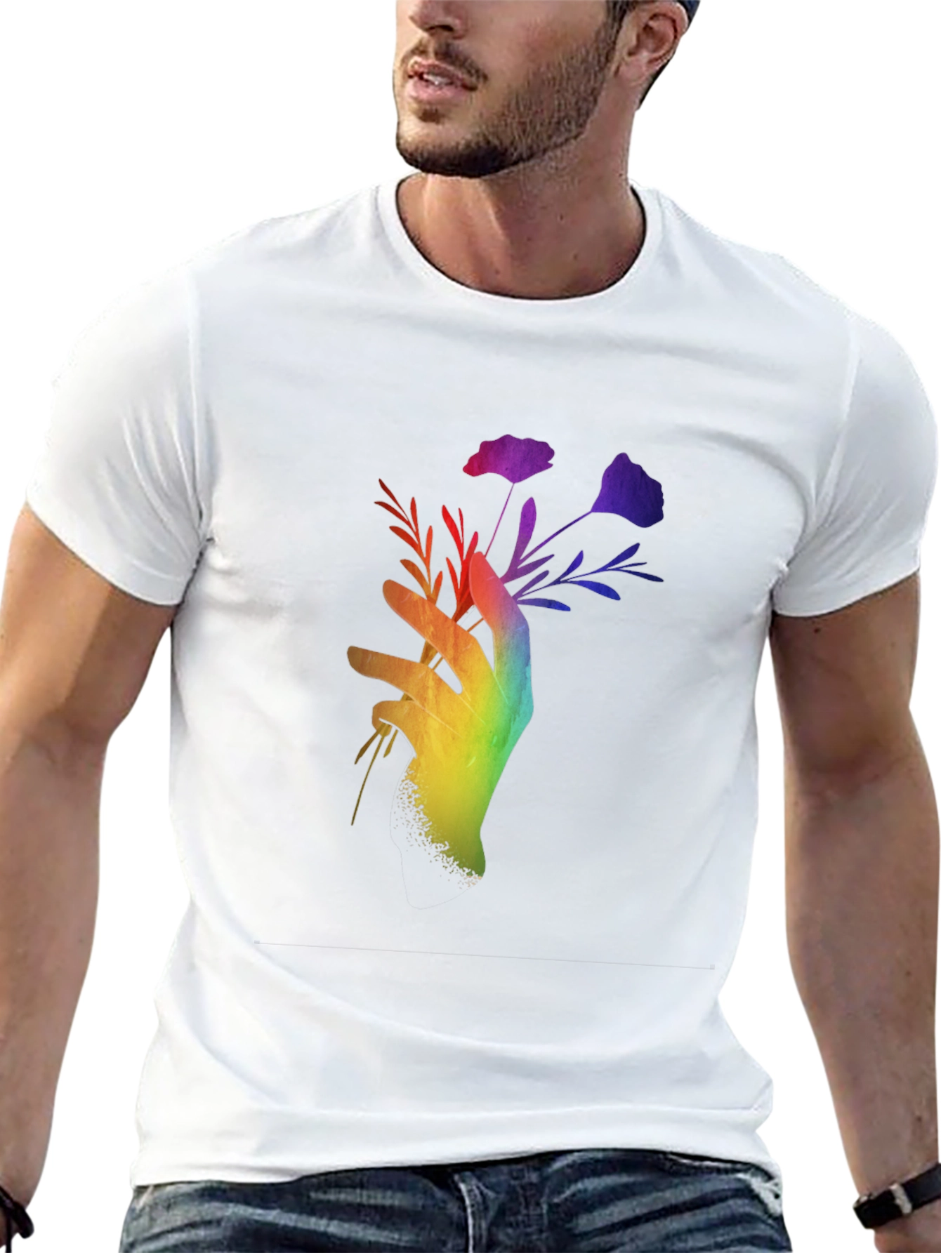 Black Rainbow Hand Holding Flowers Black T-Shirt view 13