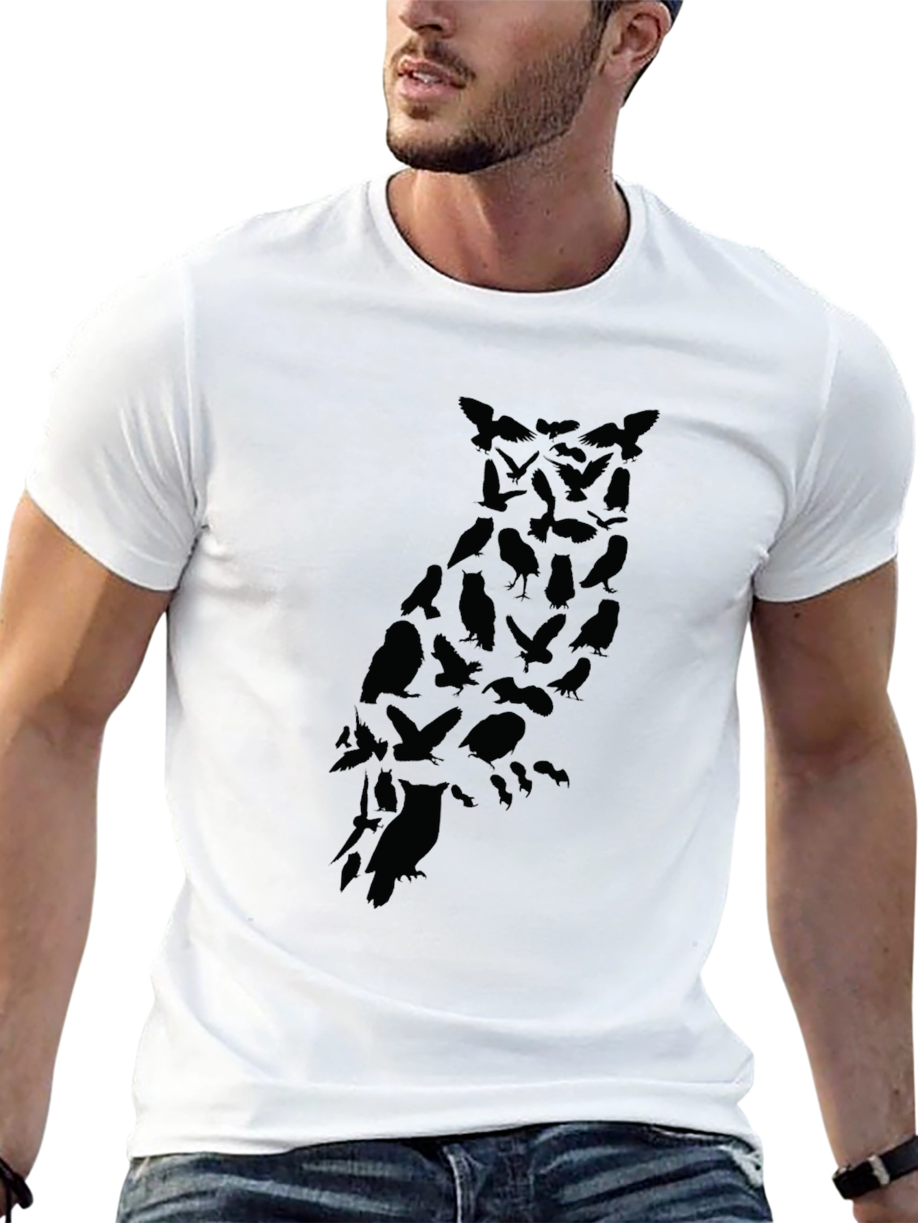 Black Men's Owl Silhouette Graphic Black T-Shirt view 13