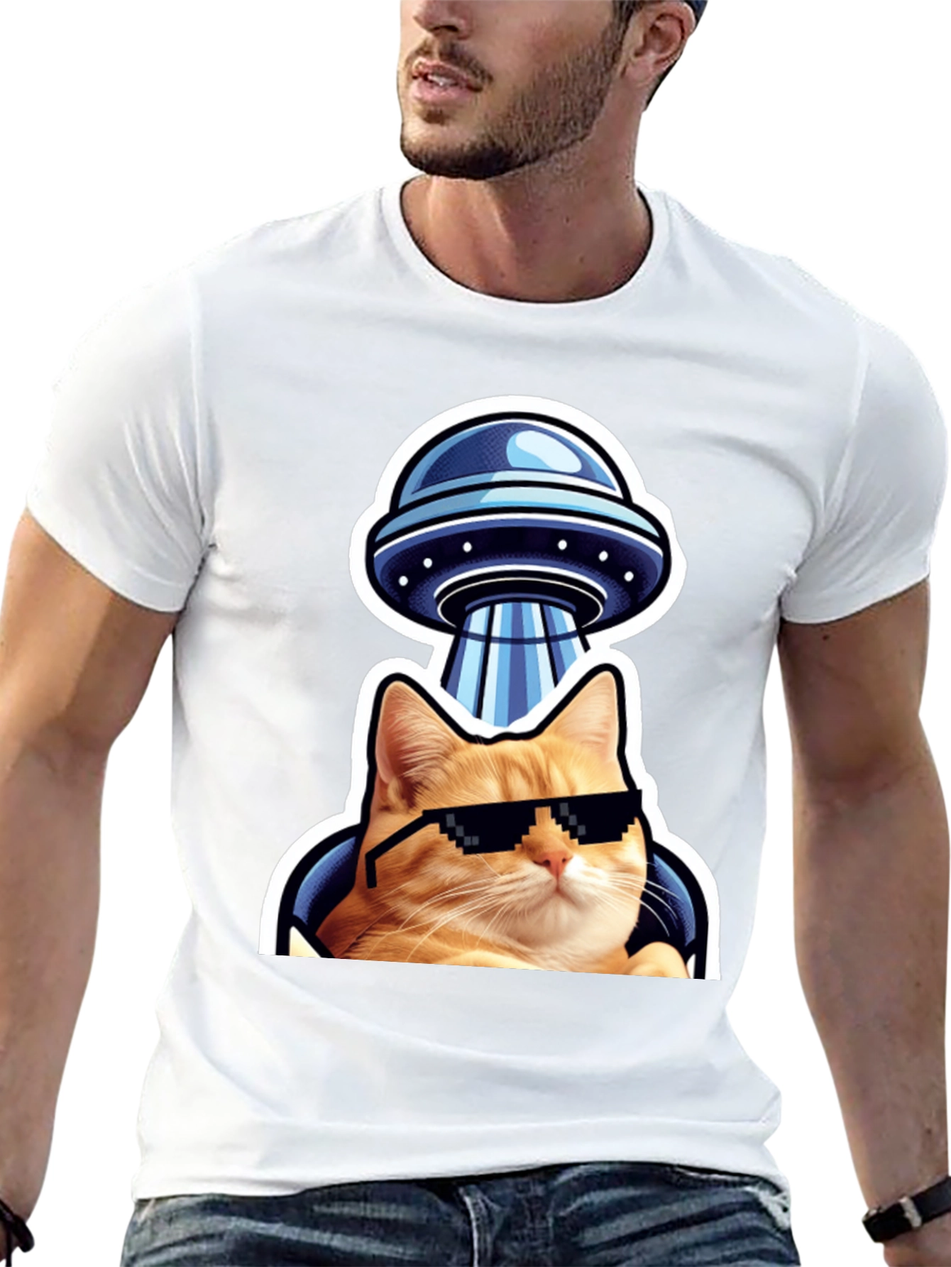 Black Cool Cat UFO T-Shirt - Black Cotton Tee view 13
