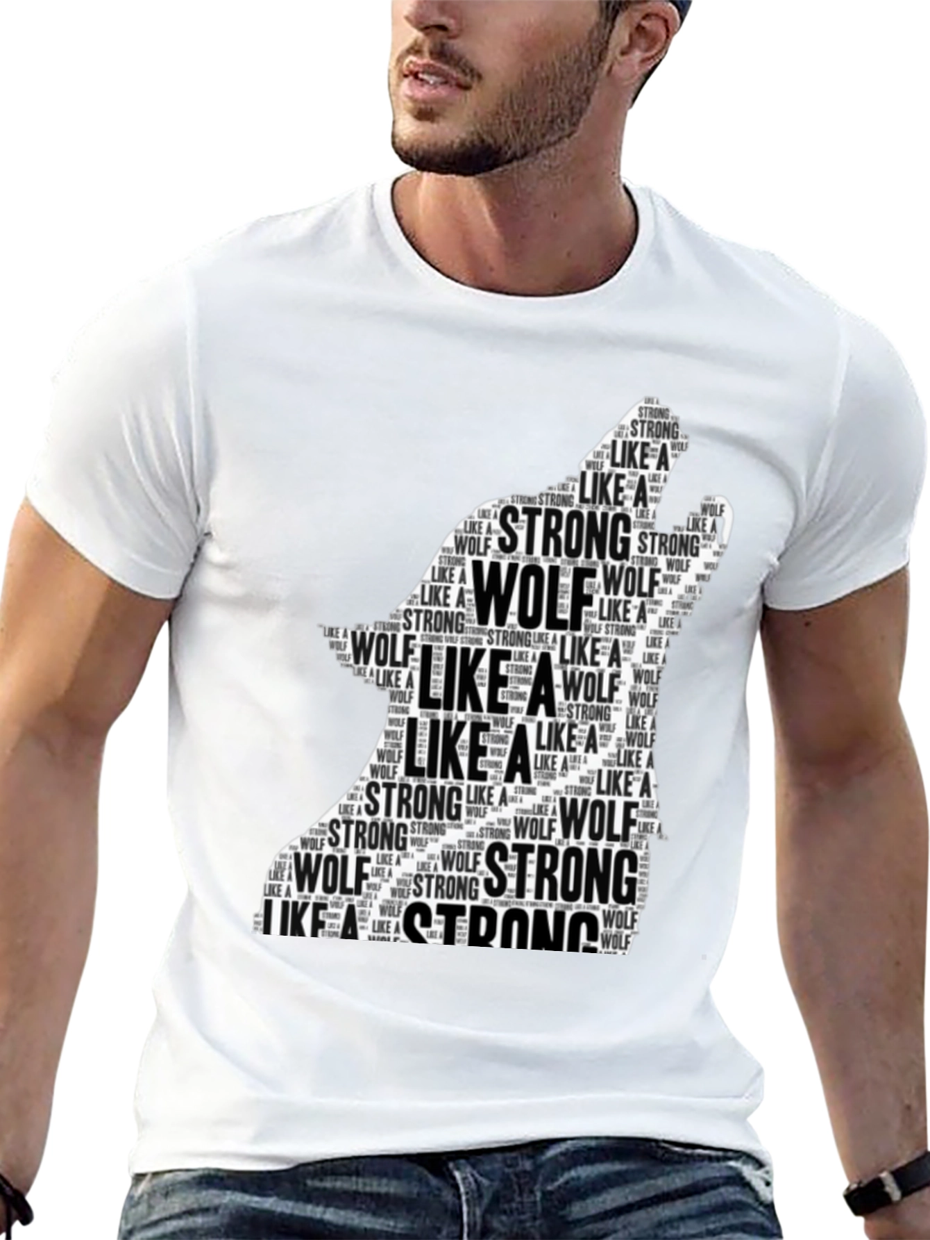 Black Wolf Silhouette Word Art T-Shirt - Strong Like a Wolf Tee view 13