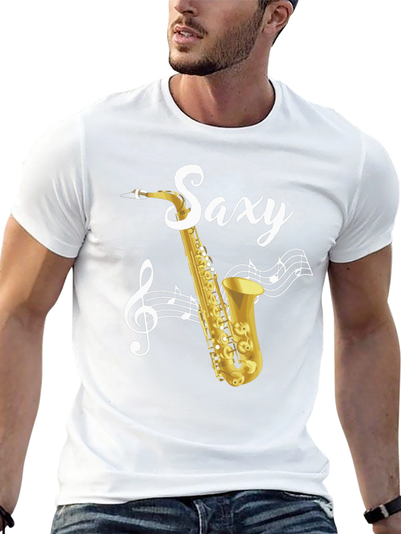 Black Saxy Saxophone Music Notes Graphic T-Shirt view 13