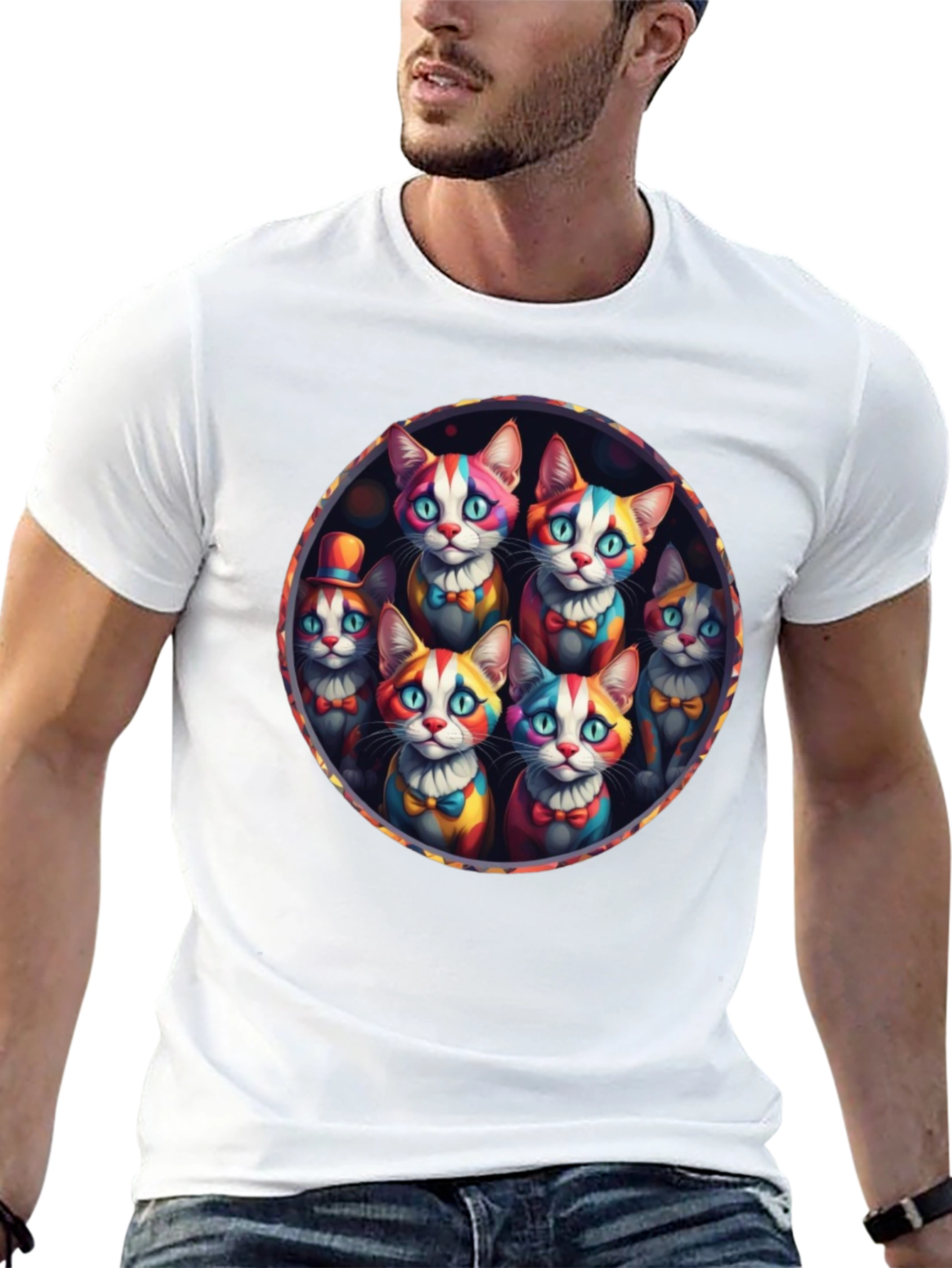 Black Colorful Clown Cats Graphic Tee - Unique Design view 13
