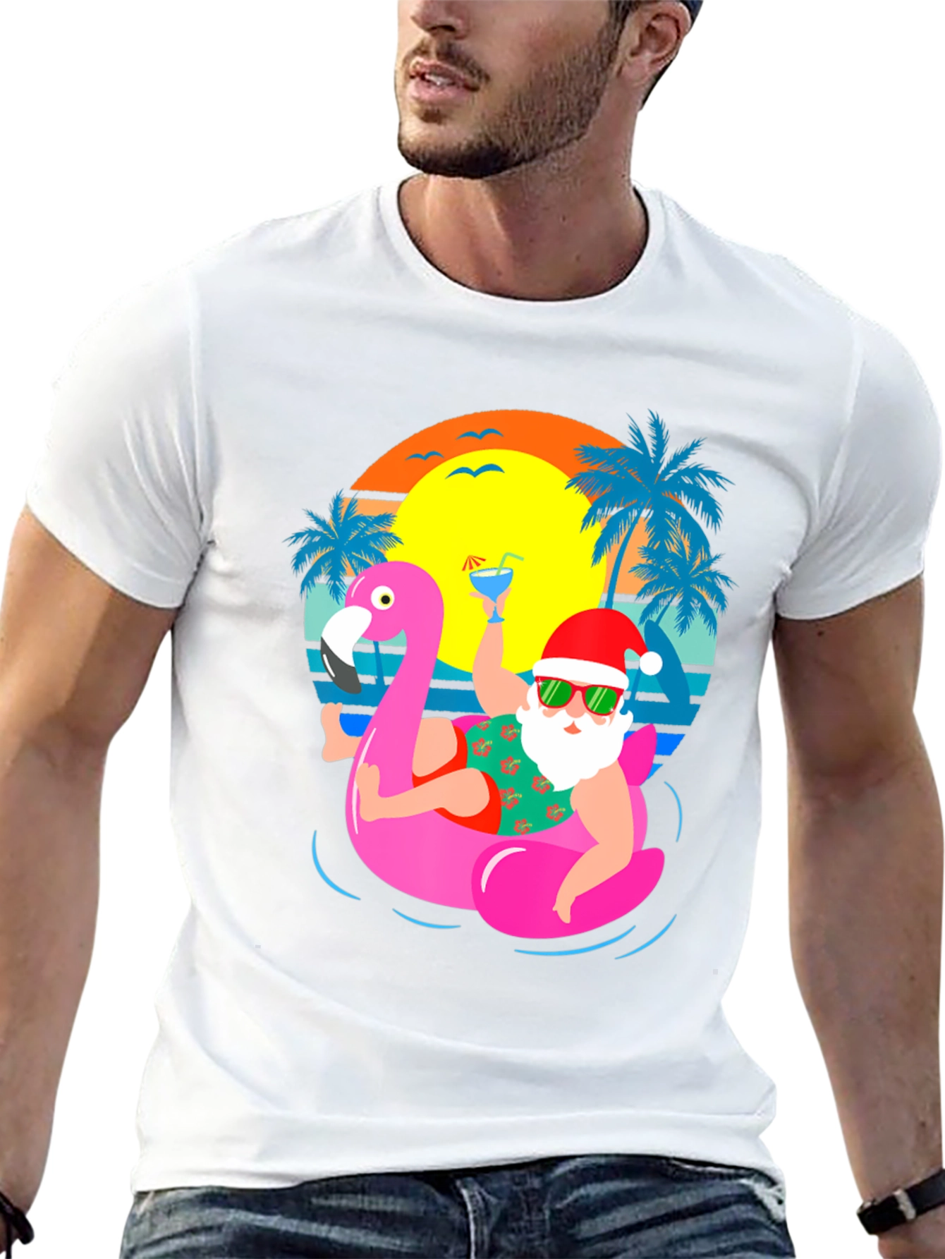 Santa Flamingo Pool Party Graphic T-Shirt - 13