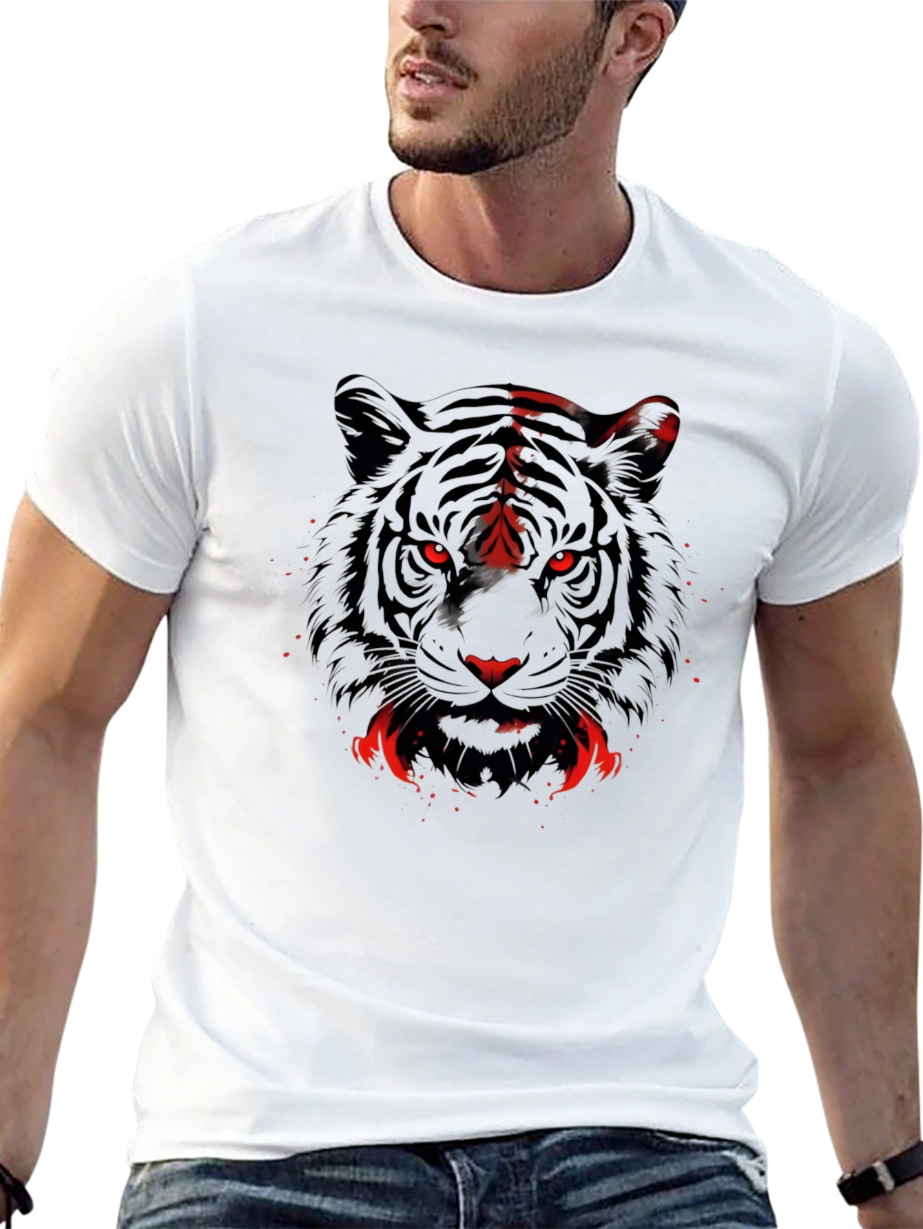 Black Men's Black Tiger Graphic Tee - Red Eyes view 13