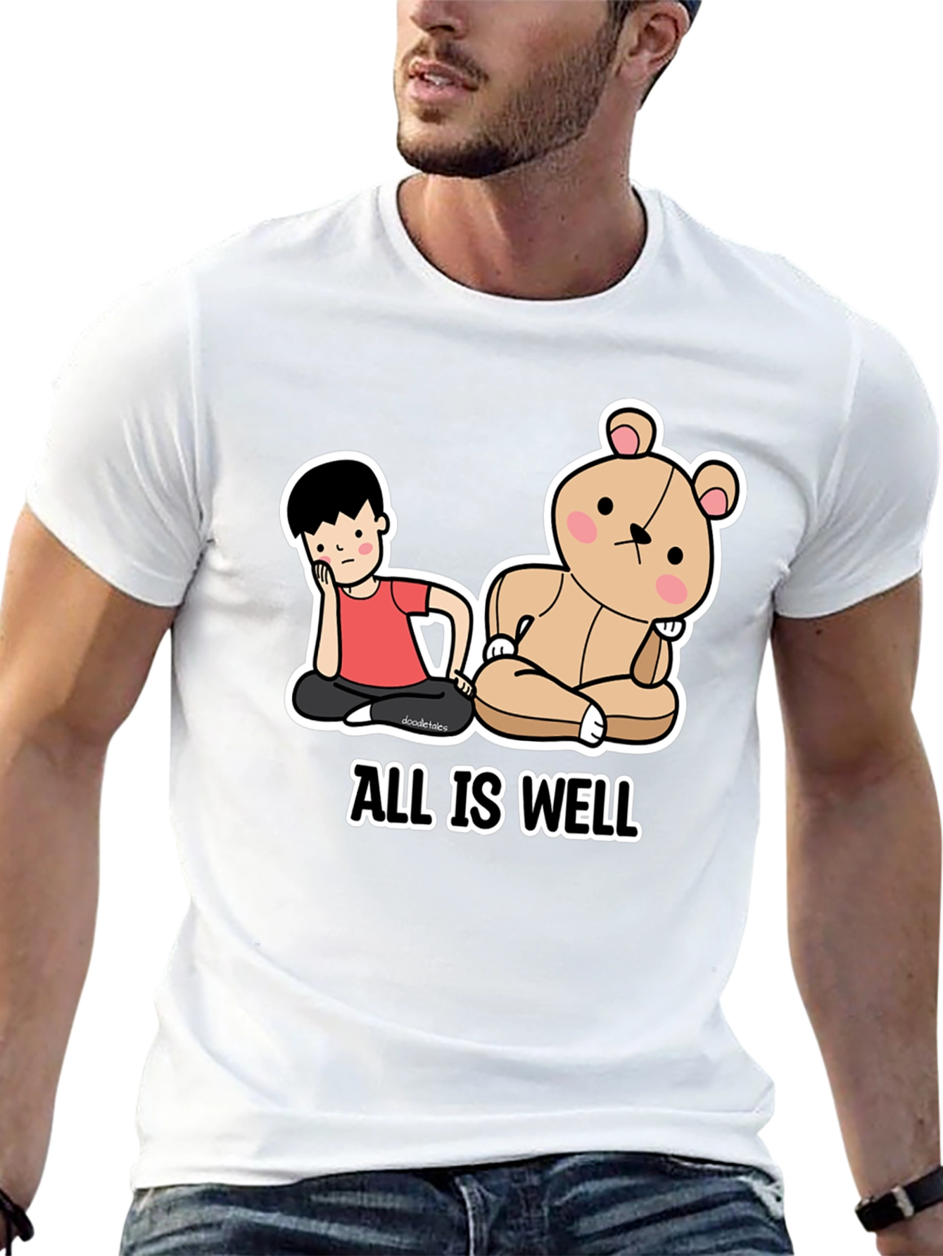 Black All Is Well T-Shirt: Cartoon Boy & Bear Meditating Graphic Tee view 13
